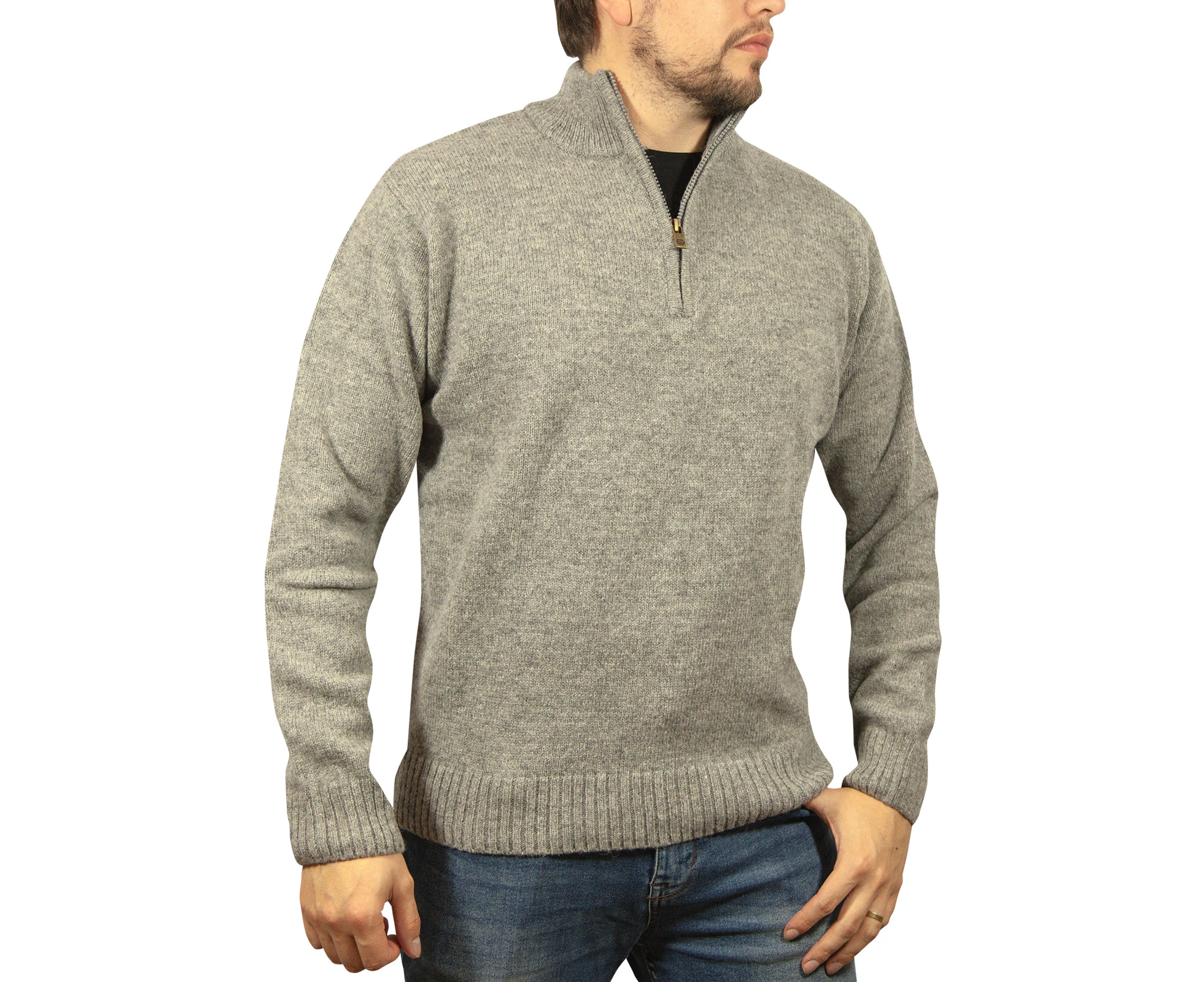 100% SHETLAND WOOL Half Zip Up Knit JUMPER Pullover Mens Sweater Knitted - Grey (21)