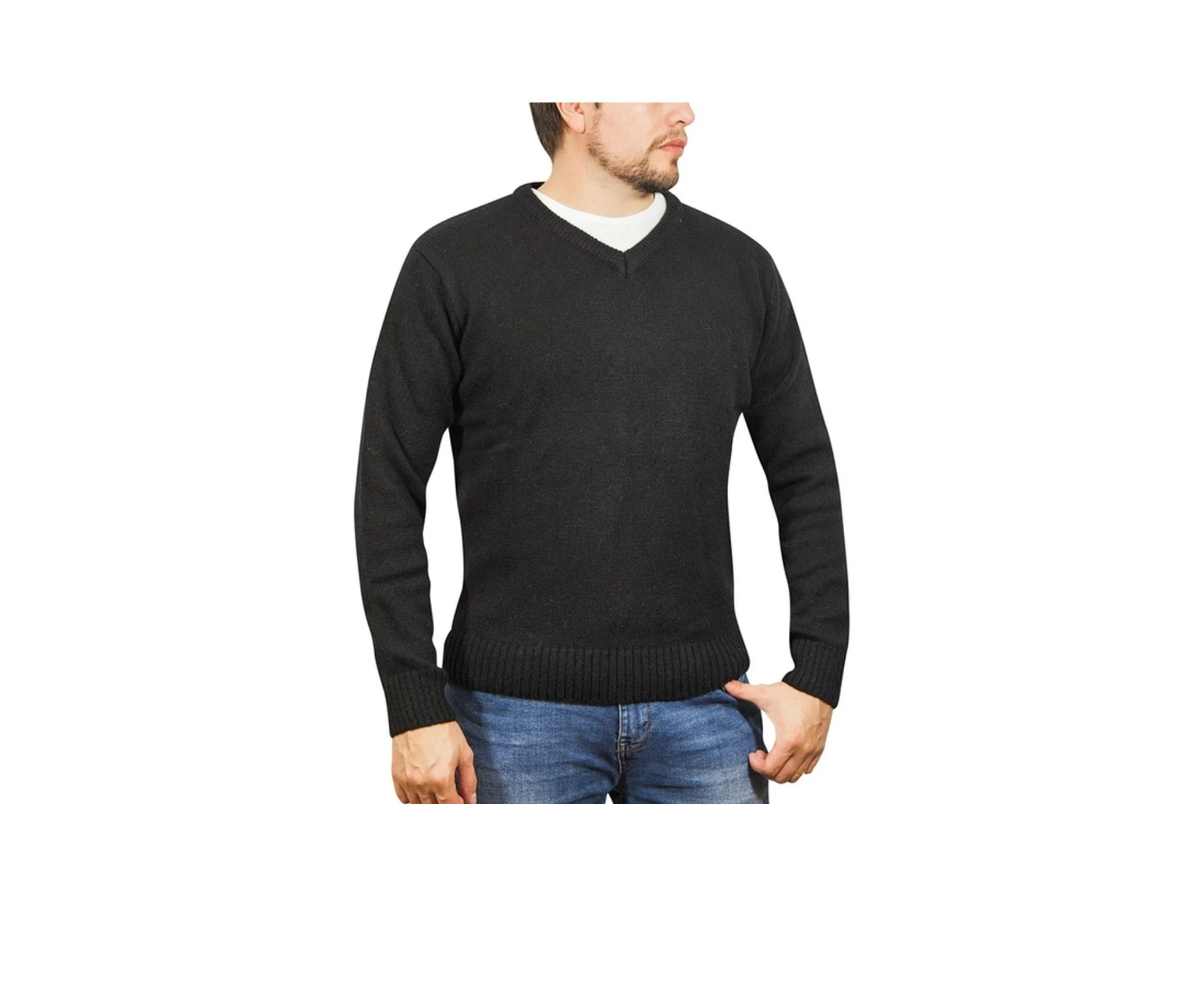 100% Shetland Wool V Neck Knit Jumper Pullover Mens Sweater Knitted - Plain Black