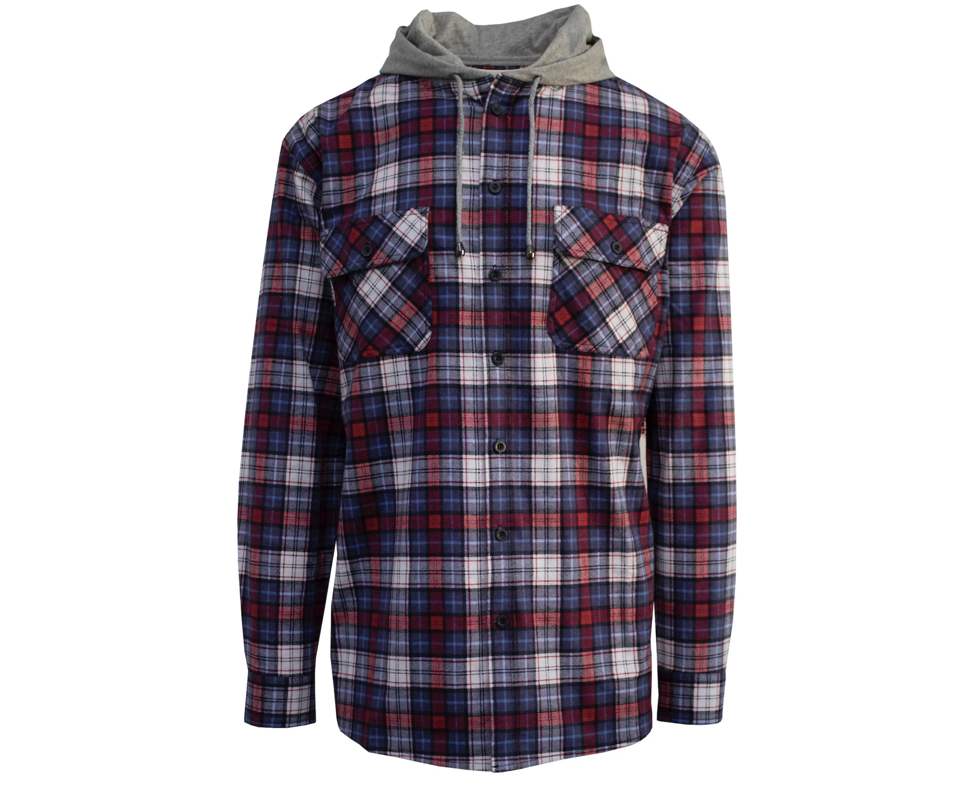 Mens Cotton Flannelette Shirt w Jersey Hood Long Sleeve Flannel - Navy