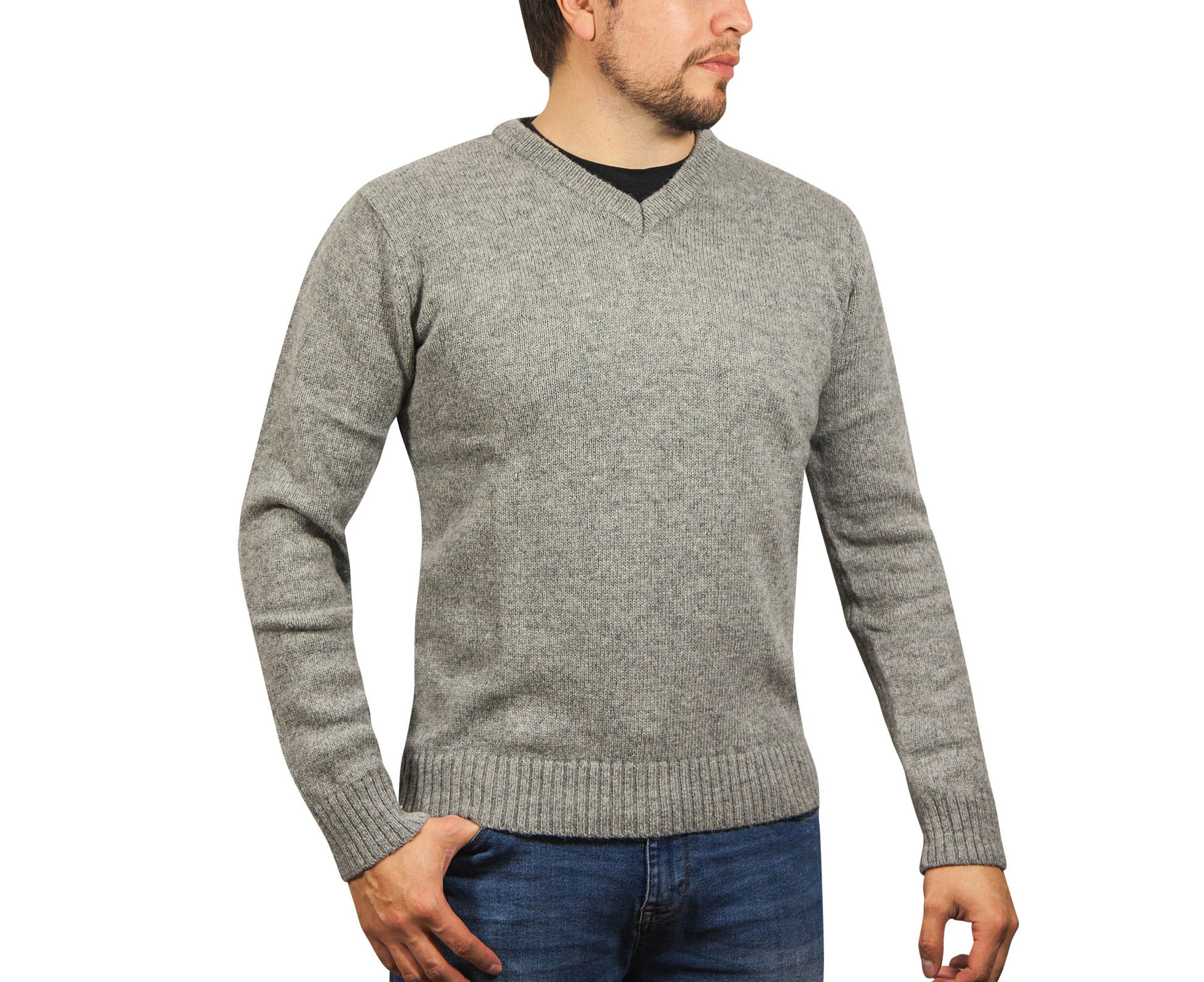 100% Shetland Wool V Neck Knit Jumper Pullover Mens Sweater Knitted - Grey (21)