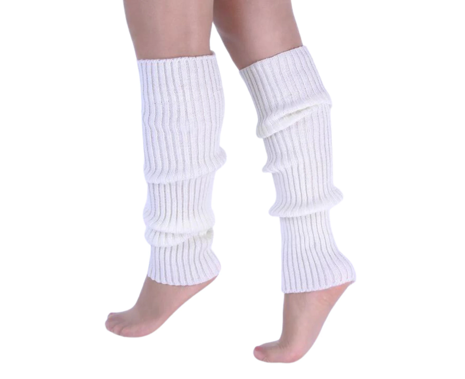 Pair of Womens Leg Warmers Disco Winter Knit Dance Party Crochet Legging Socks Costume - White