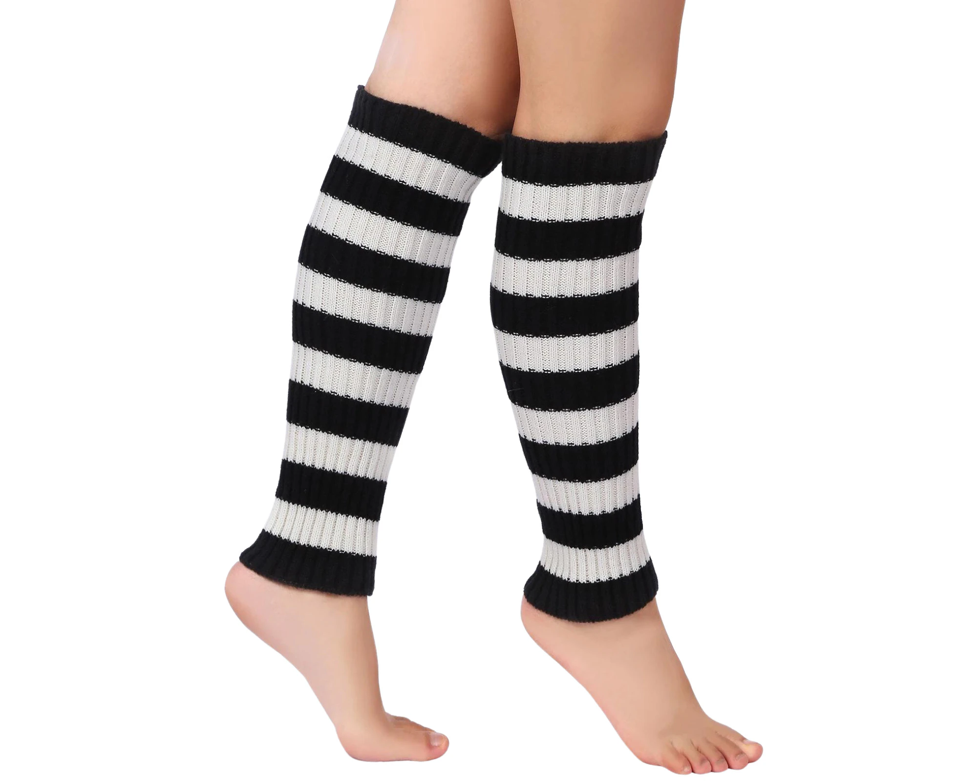 Pair of Womens Leg Warmers Disco Winter Knit Dance Party Crochet Legging Socks Costume - Black/White Stripe