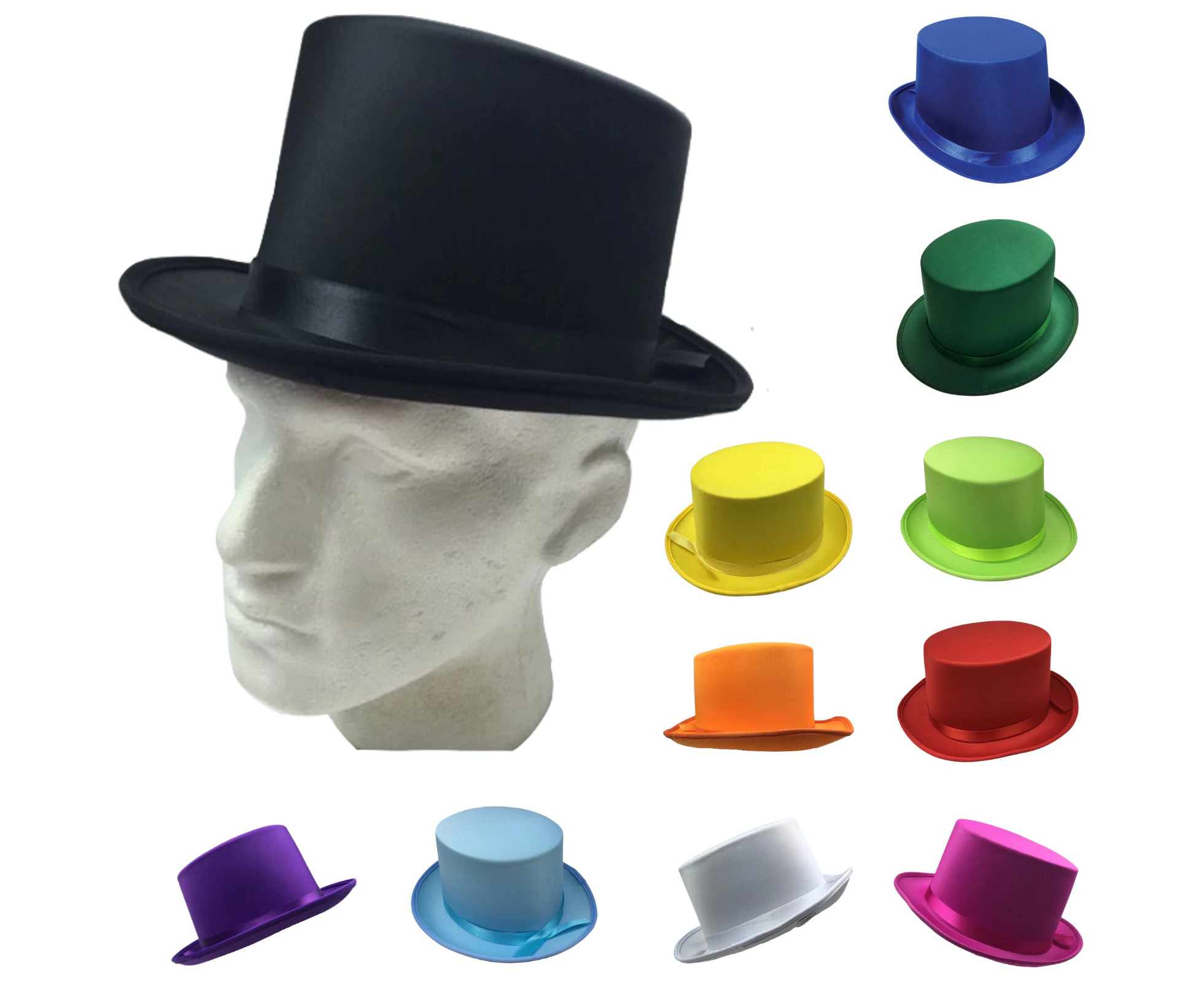 6x SATIN TOP HAT Costume Party Cap Fancy Dress Trilby Fedora One Size BULK - Assorted Colours Pack