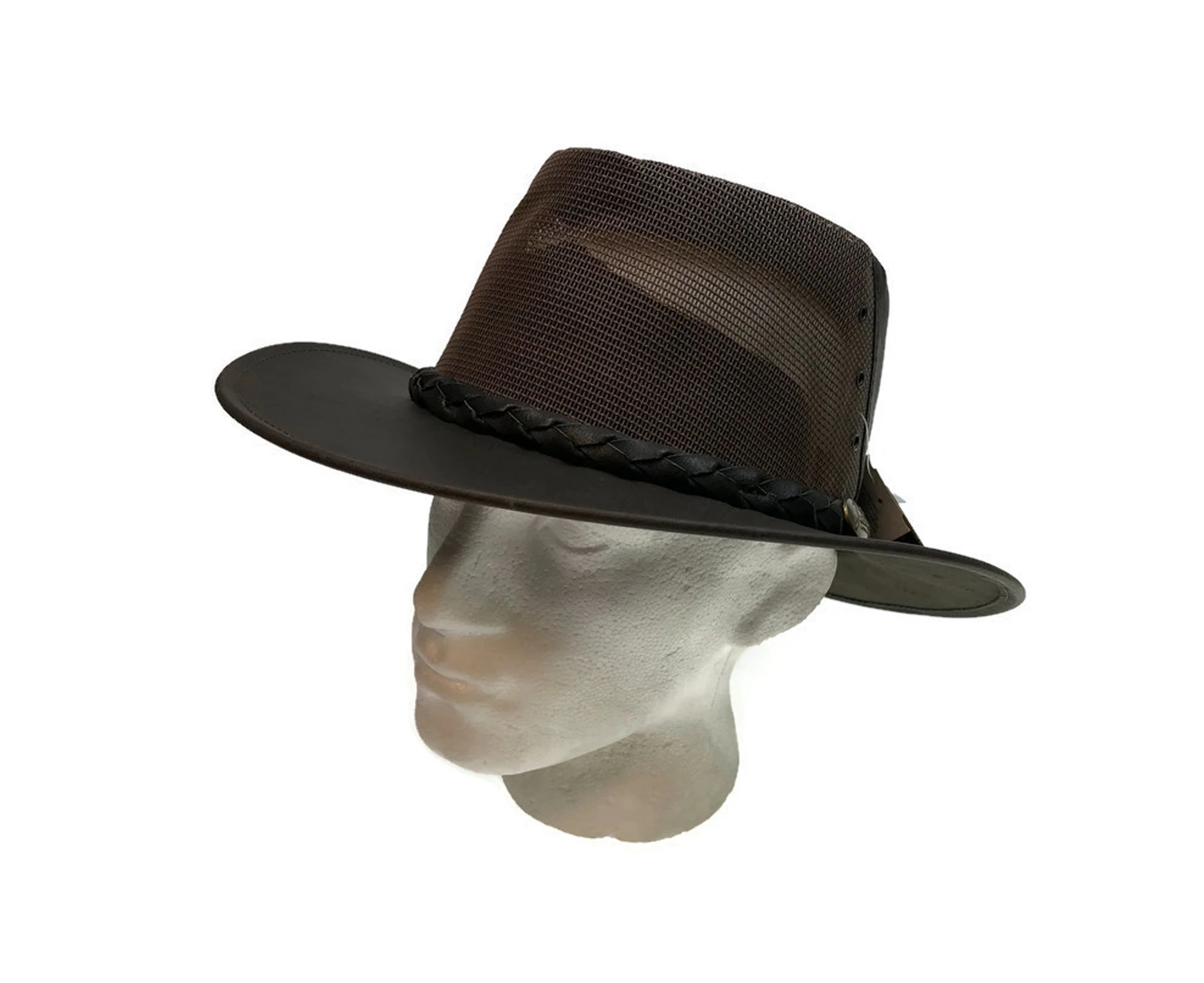 JACARU Full Grain Kangaroo Leather Breeze Cooler Hat Oil Skin Mesh Vent Outback - Brown