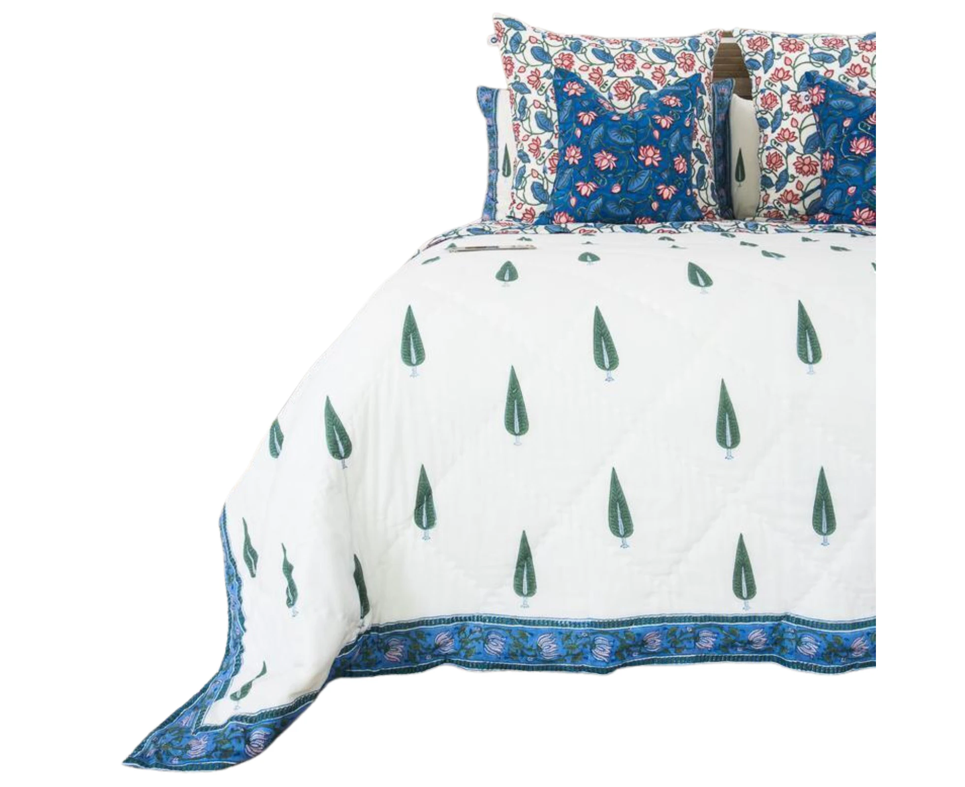 Kolka Kumudani Quilt 100% Cotton Lotus and Pines Print - Queen Size