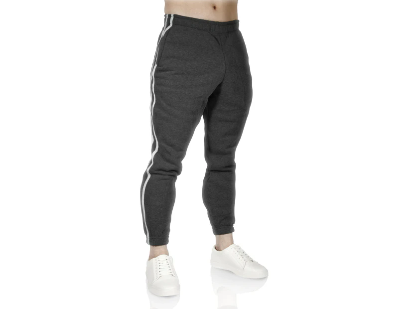 Mens Fleece Skinny Track Pants Jogger Gym Casual Sweat Trackies Warm Trousers - Charcoal Marle/White Stripe