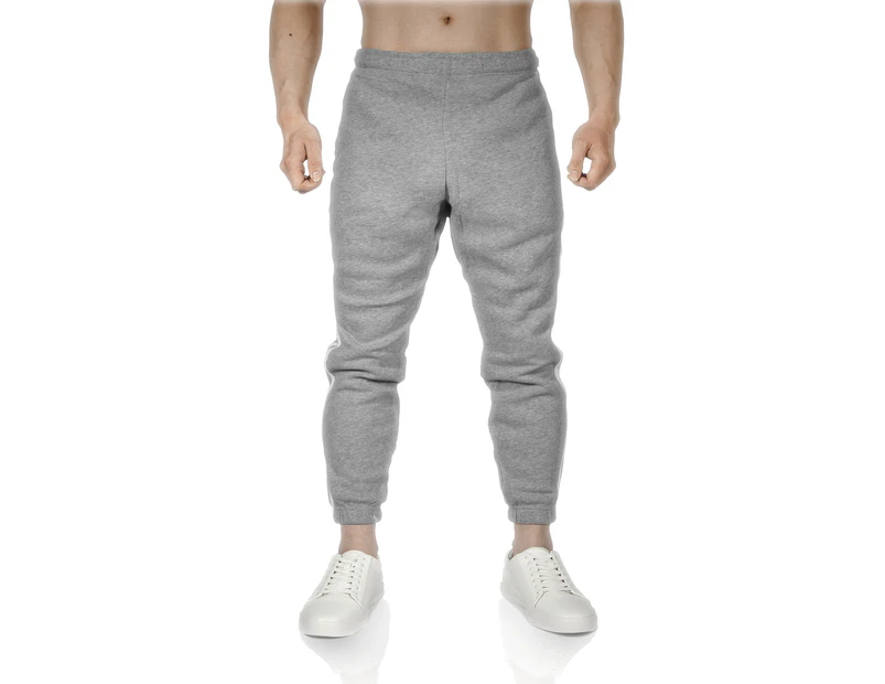 Mens Fleece Skinny Track Pants Jogger Gym Casual Sweat Trackies Warm Trousers - Grey Marle/White Stripe