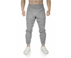 Mens Fleece Skinny Track Pants Jogger Gym Casual Sweat Trackies Warm Trousers - Grey Marle/White Stripe