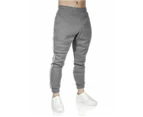 Mens Fleece Skinny Track Pants Jogger Gym Casual Sweat Trackies Warm Trousers - Grey Marle/White Stripe