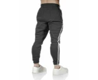 Mens Fleece Skinny Track Pants Jogger Gym Casual Sweat Trackies Warm Trousers - Charcoal Marle/White Stripe