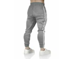 Mens Fleece Skinny Track Pants Jogger Gym Casual Sweat Trackies Warm Trousers - Grey Marle/White Stripe