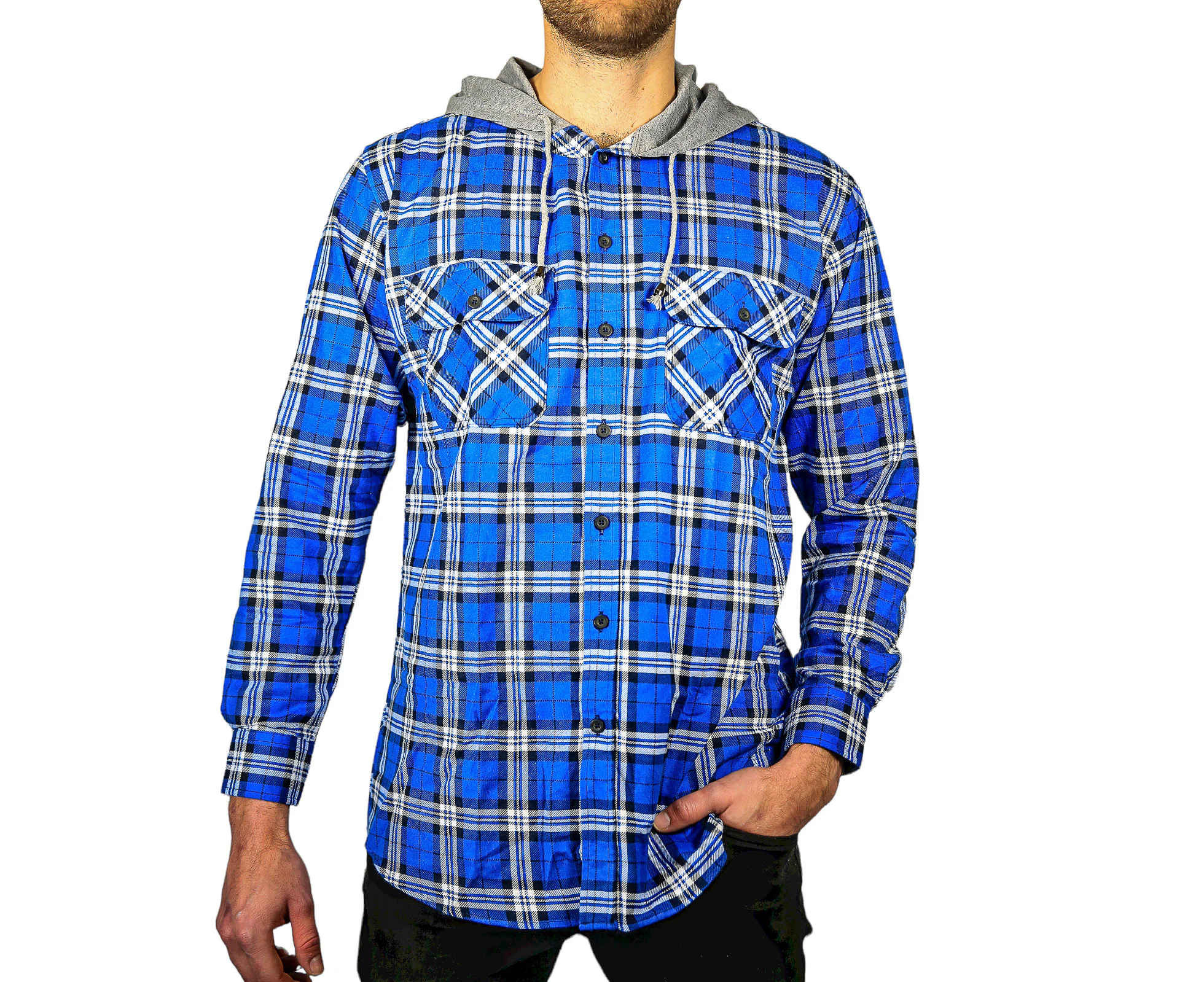 Mens Cotton Flannelette Shirt w Jersey Hood Long Sleeve Flannel - Spanish Blue