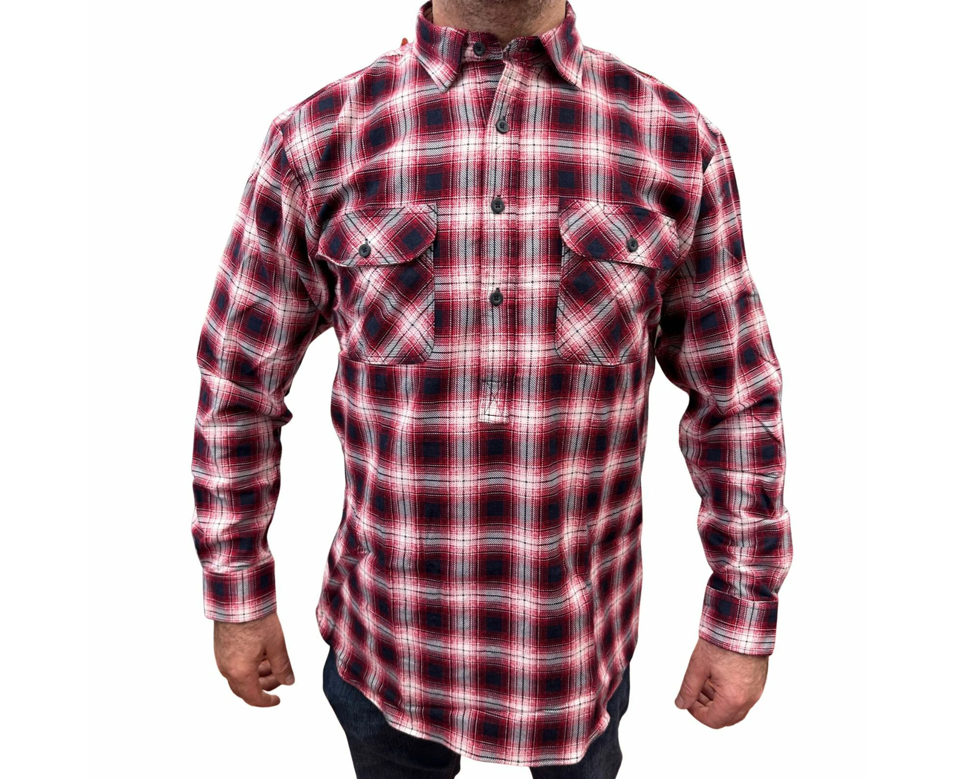 Mens Flannelette Long Sleeve Pullover Shirt 100% Cotton Flannel - Half Placket - Red/Black