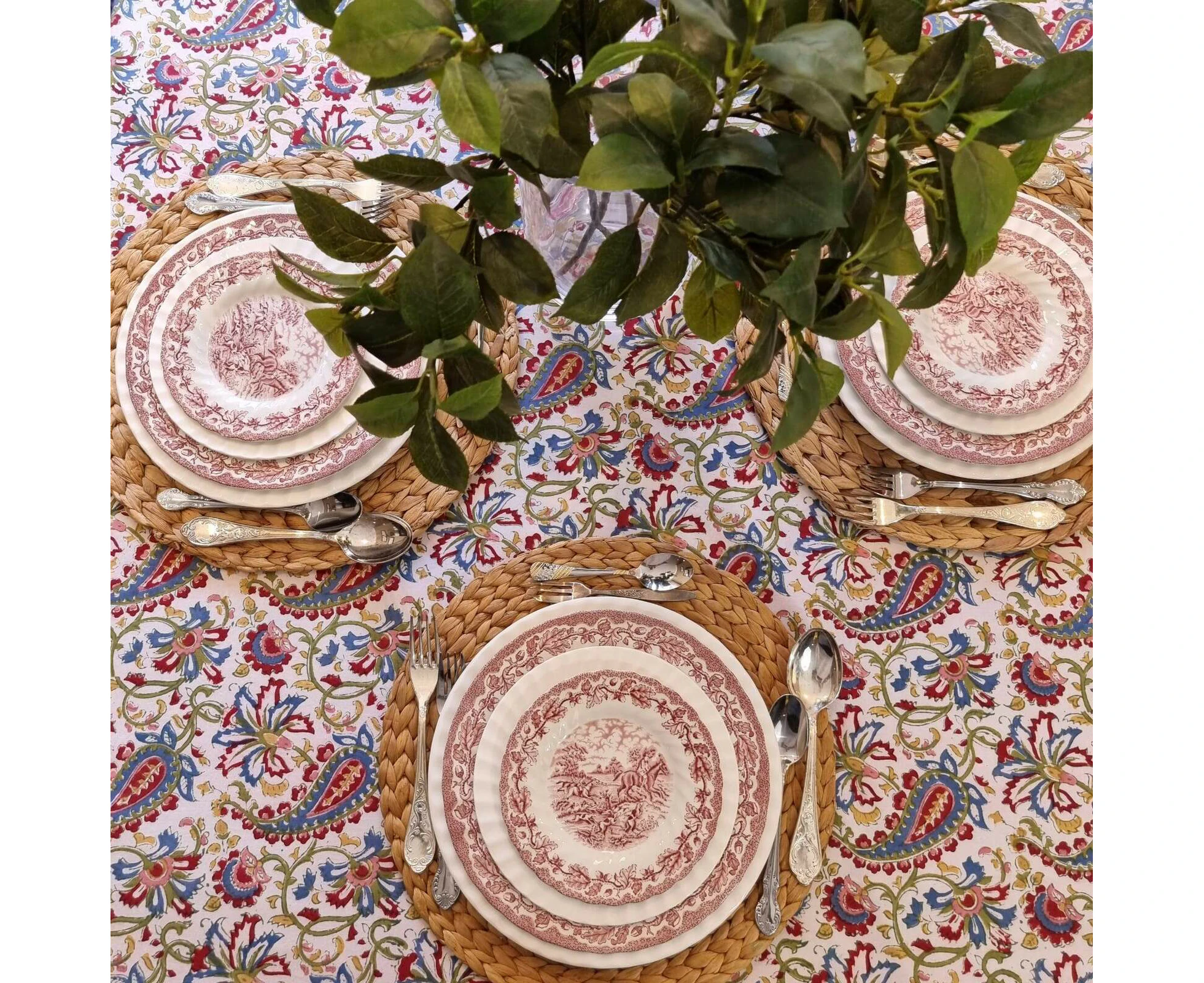 Kolka Indian Paisley Hand Made Block-Printed Tablecloth - Ruby