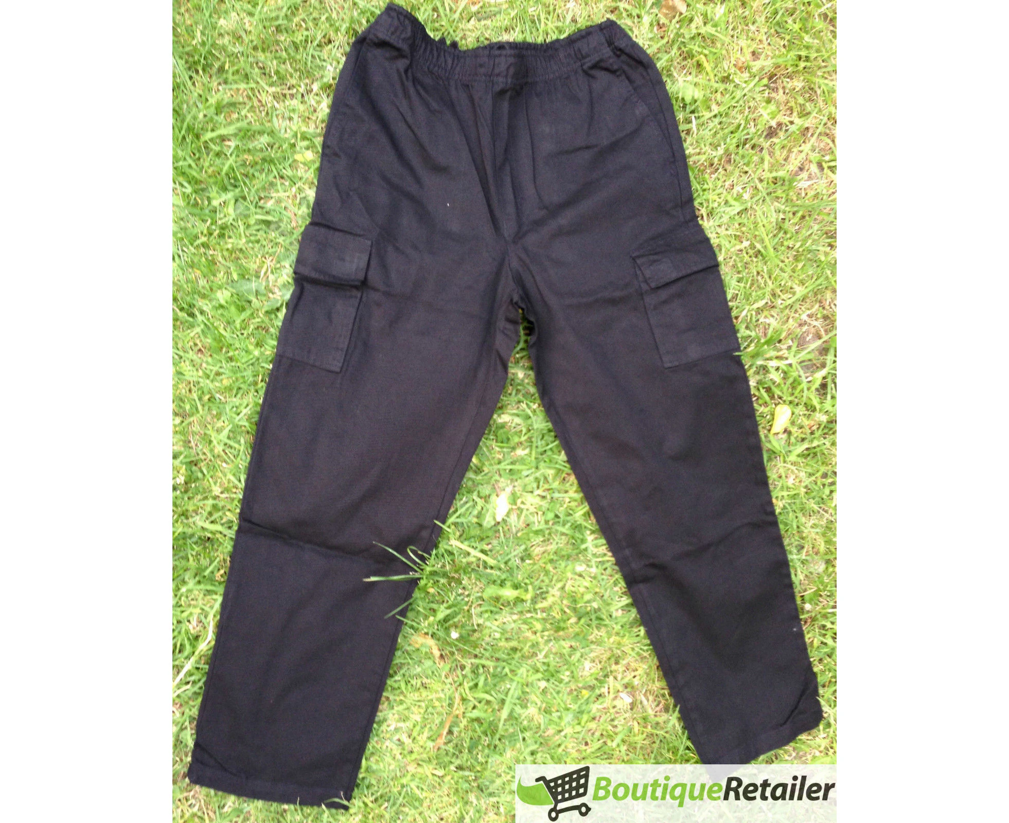 Mens CARGO PANTS Trousers Elastic Waist 100% COTTON Army Military PLAIN Casual - Black