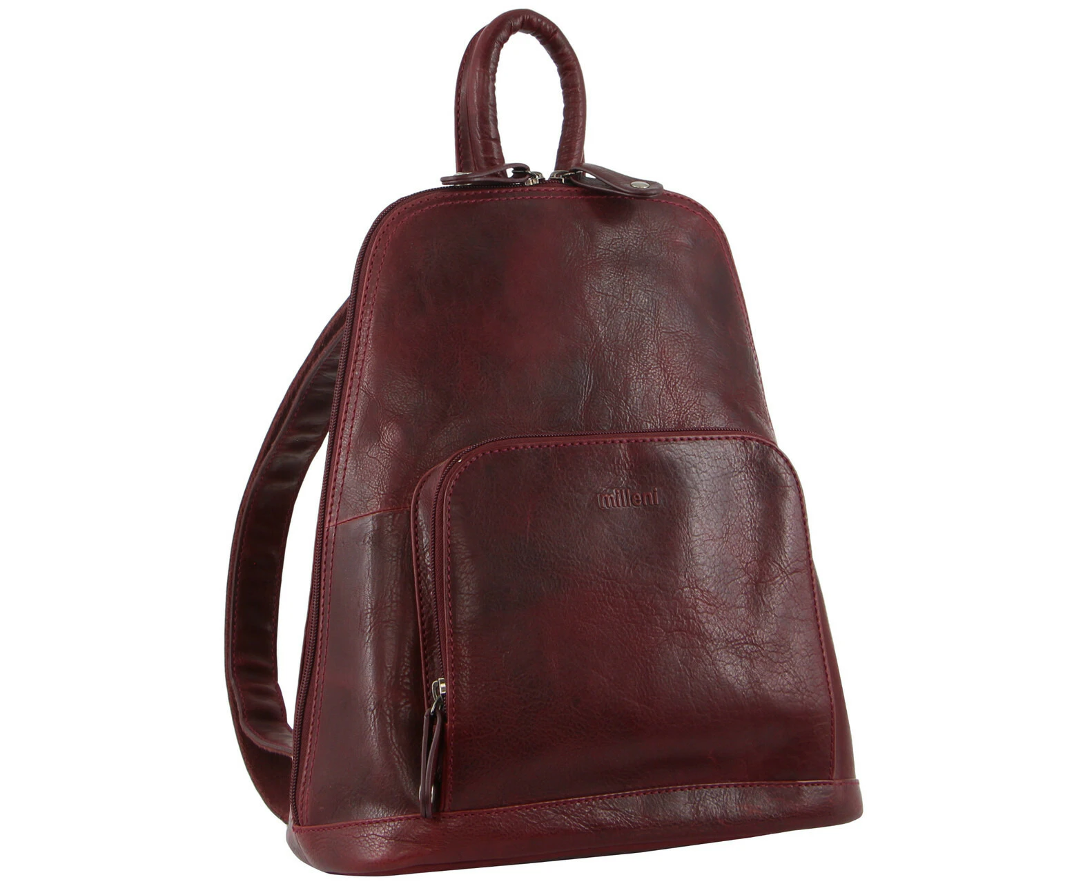 Milleni Womens Twin Zip Backpack Nappa Italian Leather Bag Travel - Cherry