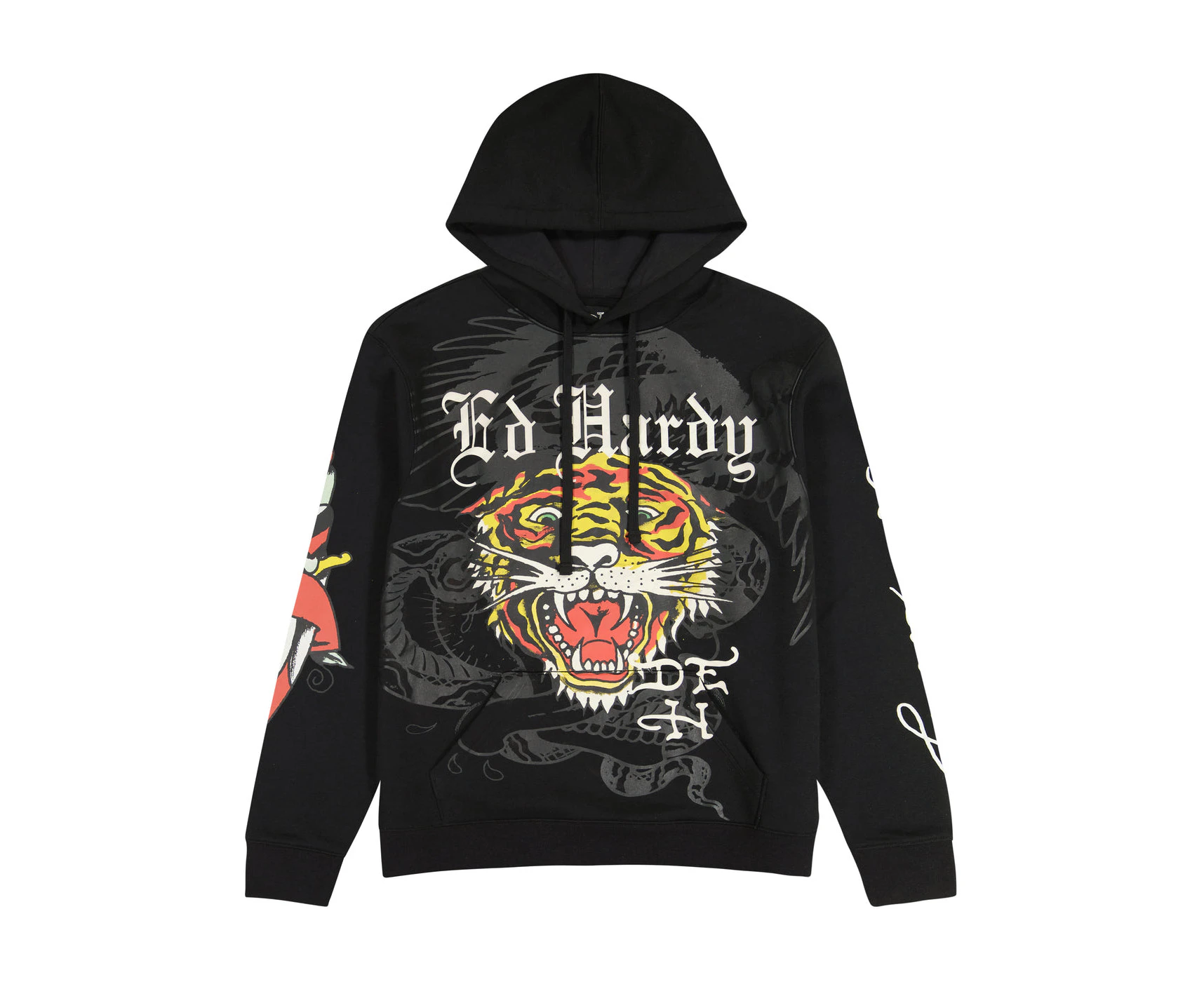 Ed Hardy Mens Tiger Dragon Hoodie Jumper Dagger Pullover in Black