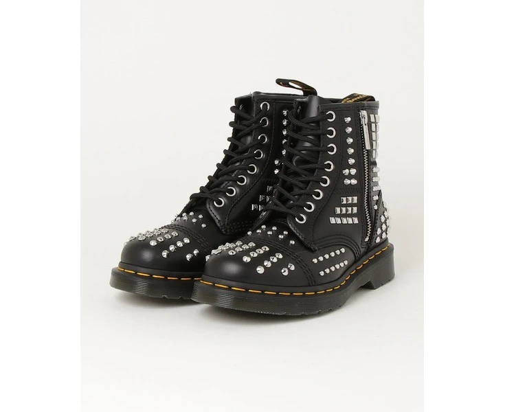 Dr. Martens 1460 Studded Zip Atlas Leather Lace Up Boots Shoes - Black