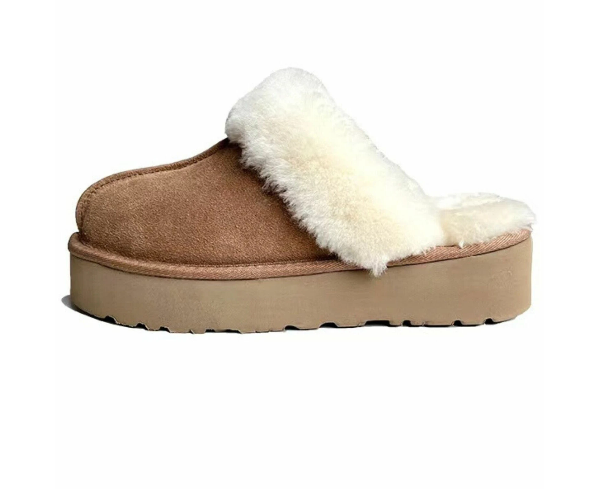 100% Australian Merino Sheepskin Womens Platform Scuffs Moccasins Slippers Winter Slip On UGG in Chestnut