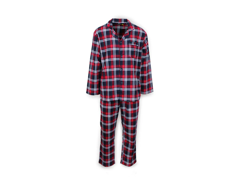 Mens Flannelette Pyjama Set Sleepwear Soft 100% Cotton PJs - Navy/Red