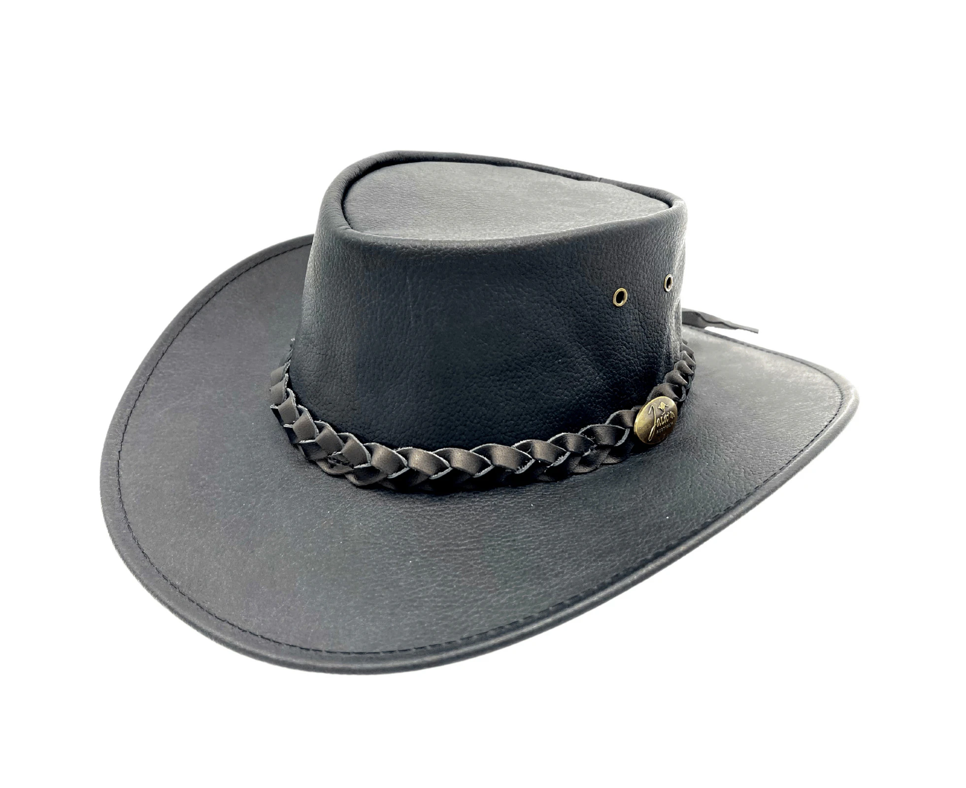 Jacaru Kangaroo Leather Outback Hat Wide Brim - Black