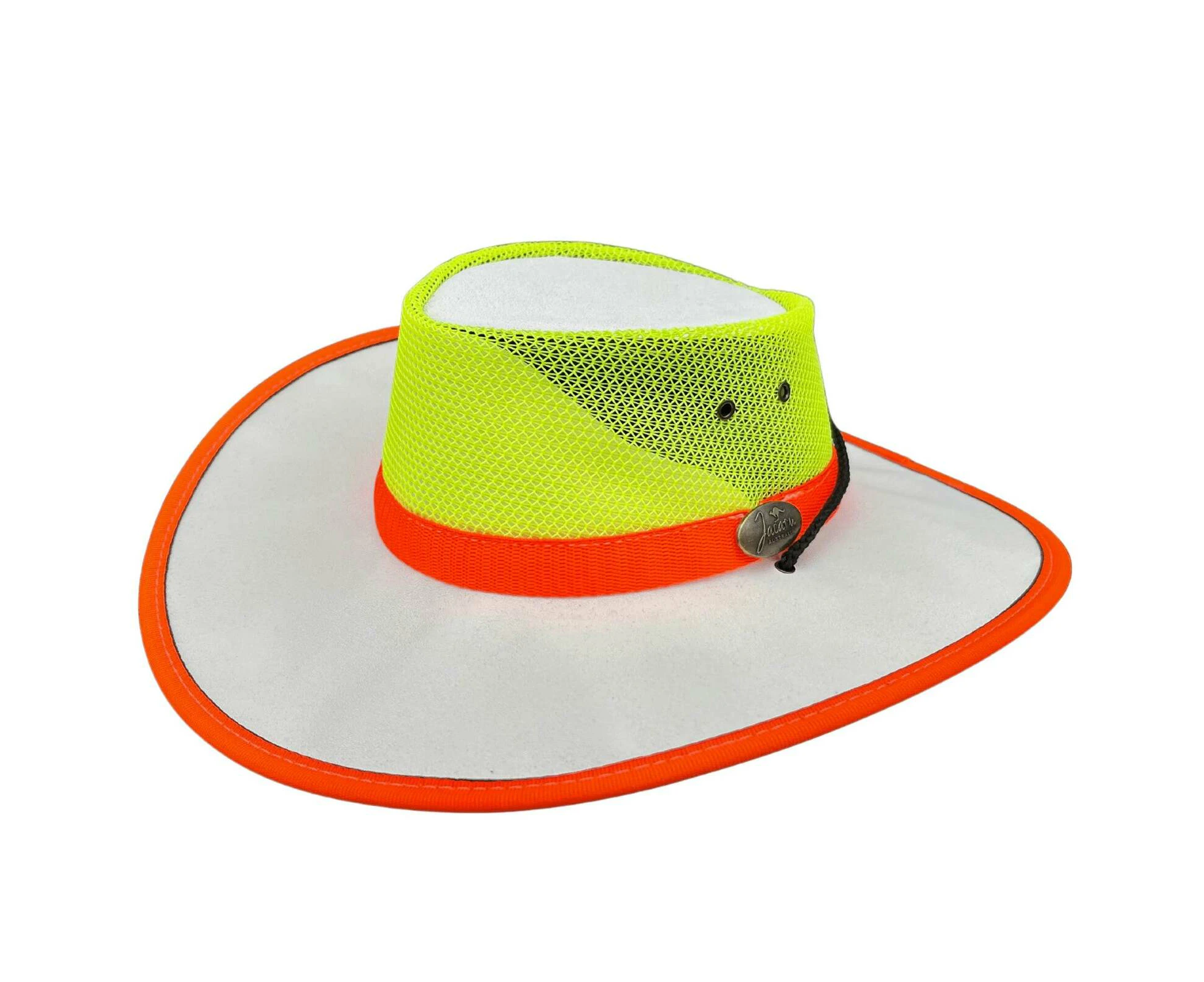 Jacaru Hi Vis Safety Hat Fluro Canvas Vented Summer Wide Brim - White/Yellow