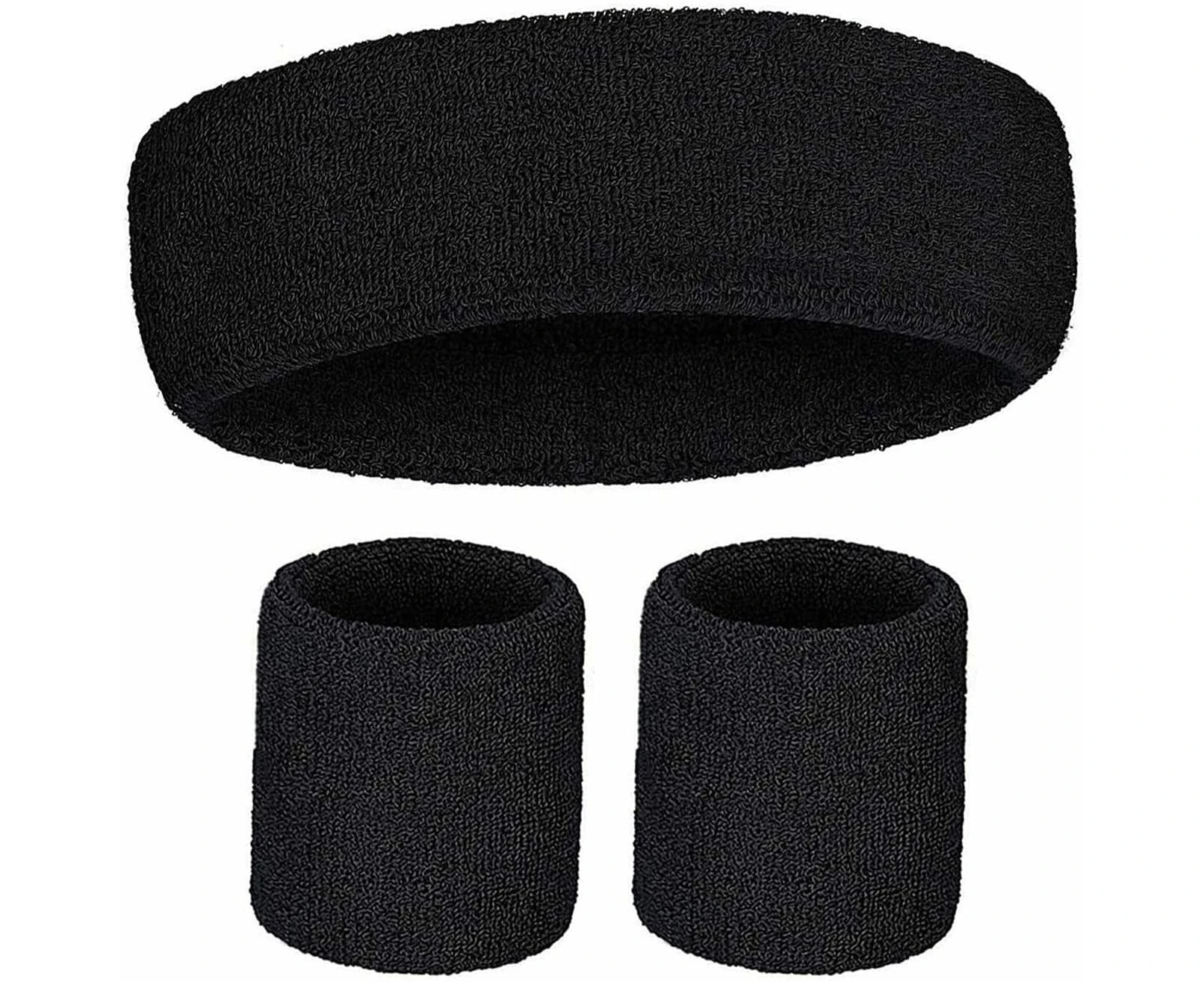 WRISTBAND & HEADBAND SET Tennis Terry Towelling Cotton Sweat Band Team Gym - Black