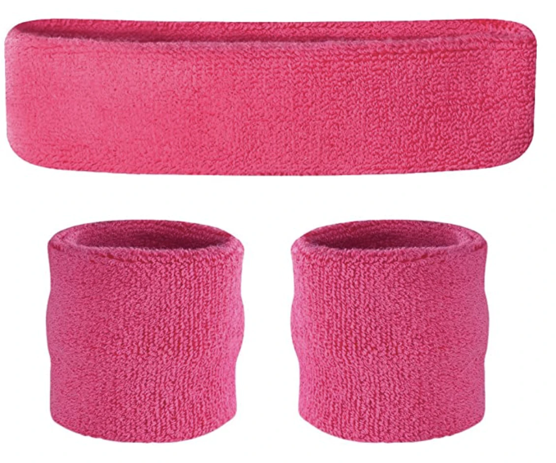 WRISTBAND & HEADBAND SET Tennis Terry Towelling Cotton Sweat Band Team Gym - Hot Pink