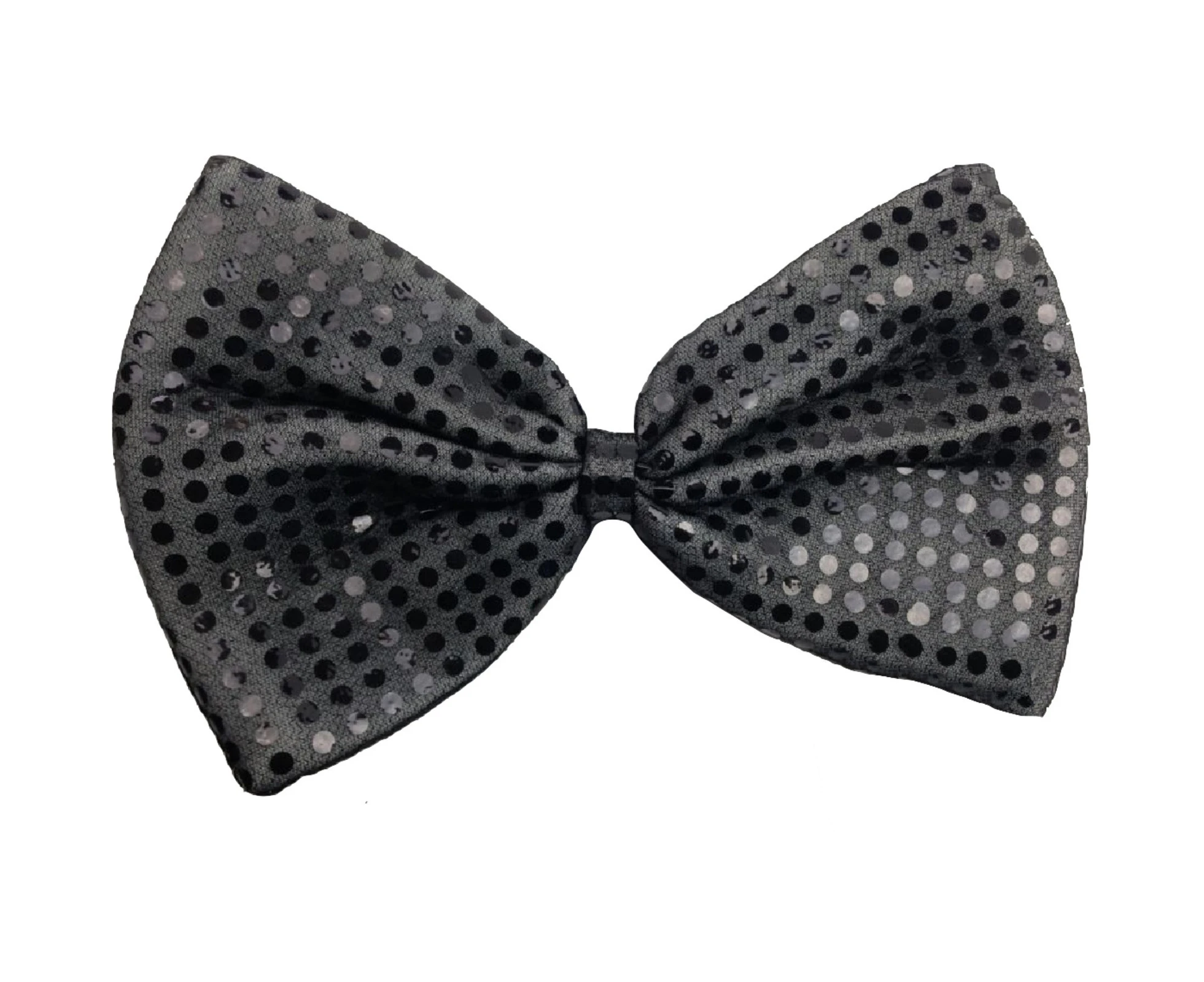 LARGE BOW TIE Sequin Polka Dots Bowtie Big King Size Party Costume - Grey (with black polka dots)