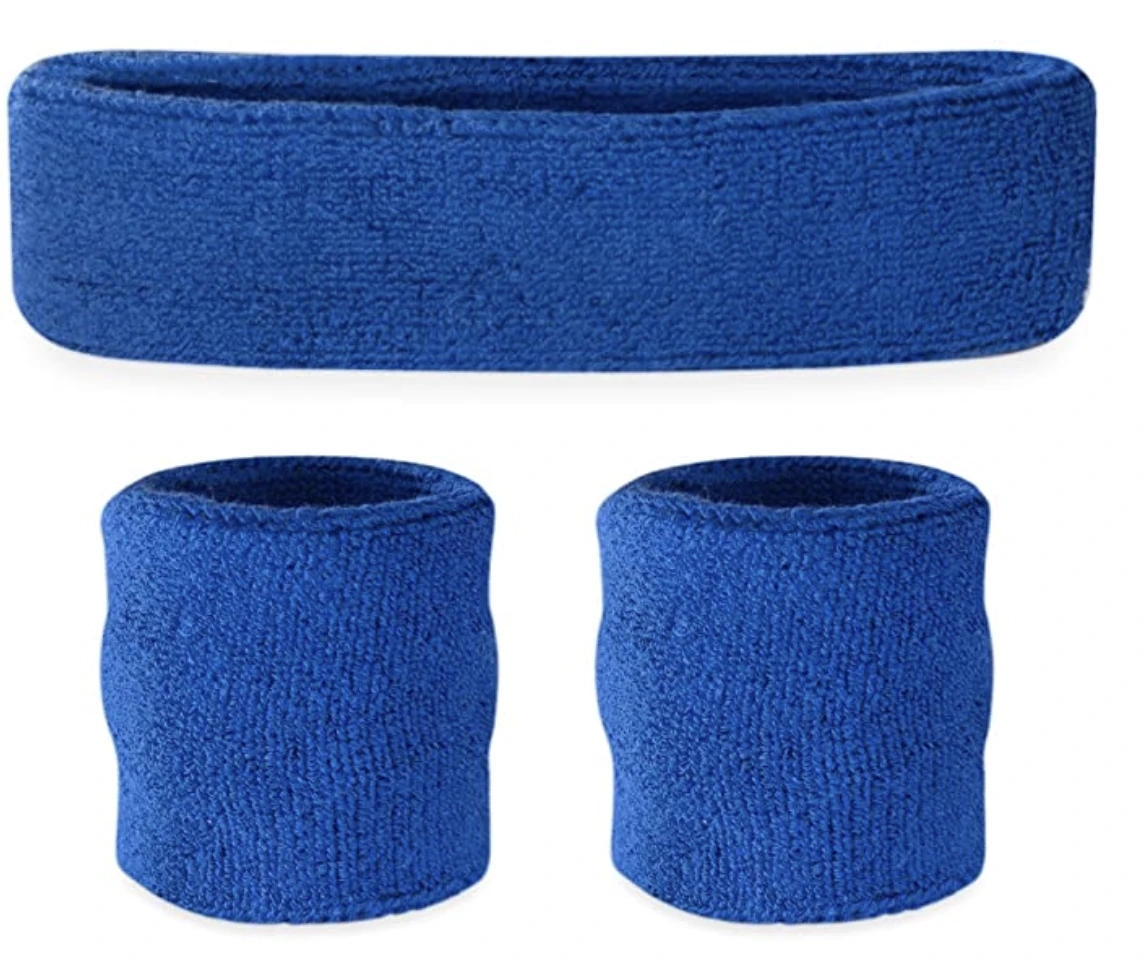 WRISTBAND & HEADBAND SET Tennis Terry Towelling Cotton Sweat Band Team Gym - Blue