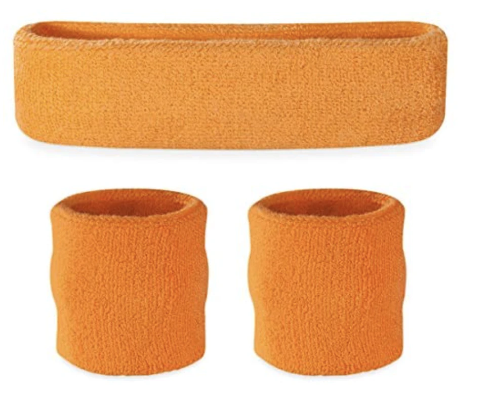 WRISTBAND & HEADBAND SET Tennis Terry Towelling Cotton Sweat Band Team Gym - Orange