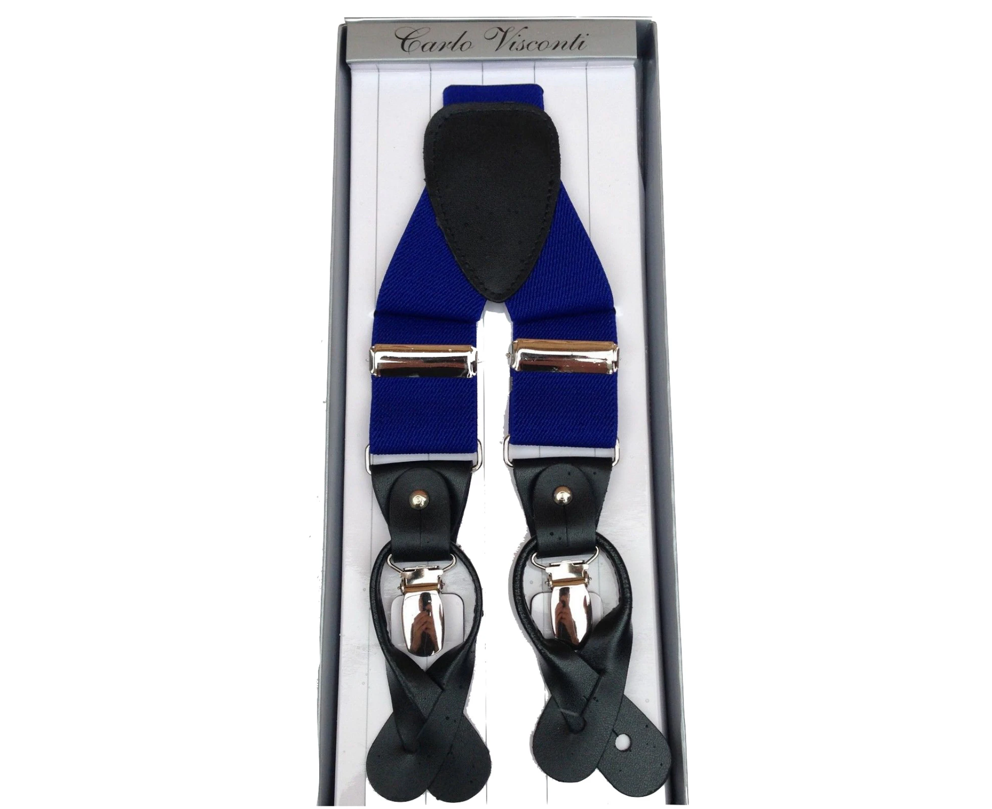 Mens Premium Convertible Suspenders Braces Clip On Elastic Y-Back Traditional Leather Tab - Royal Blue