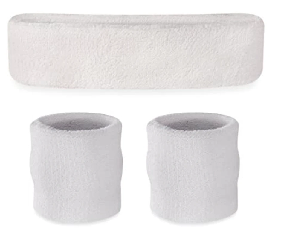 WRISTBAND & HEADBAND SET Tennis Terry Towelling Cotton Sweat Band Team Gym - White