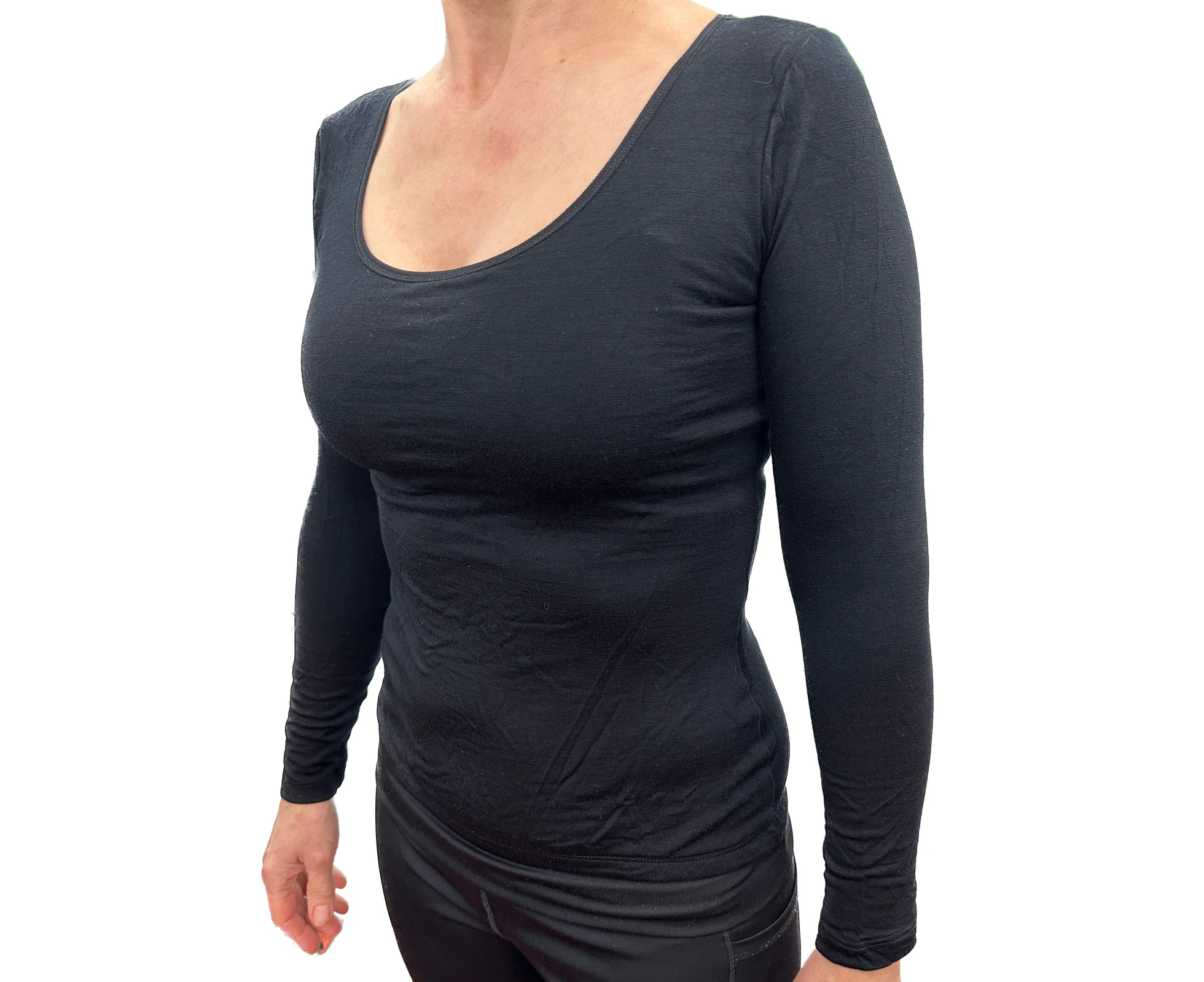 Merino Skins Womens Essential Skin Scoop Neck Long Sleeve Thermal Underwear - Black