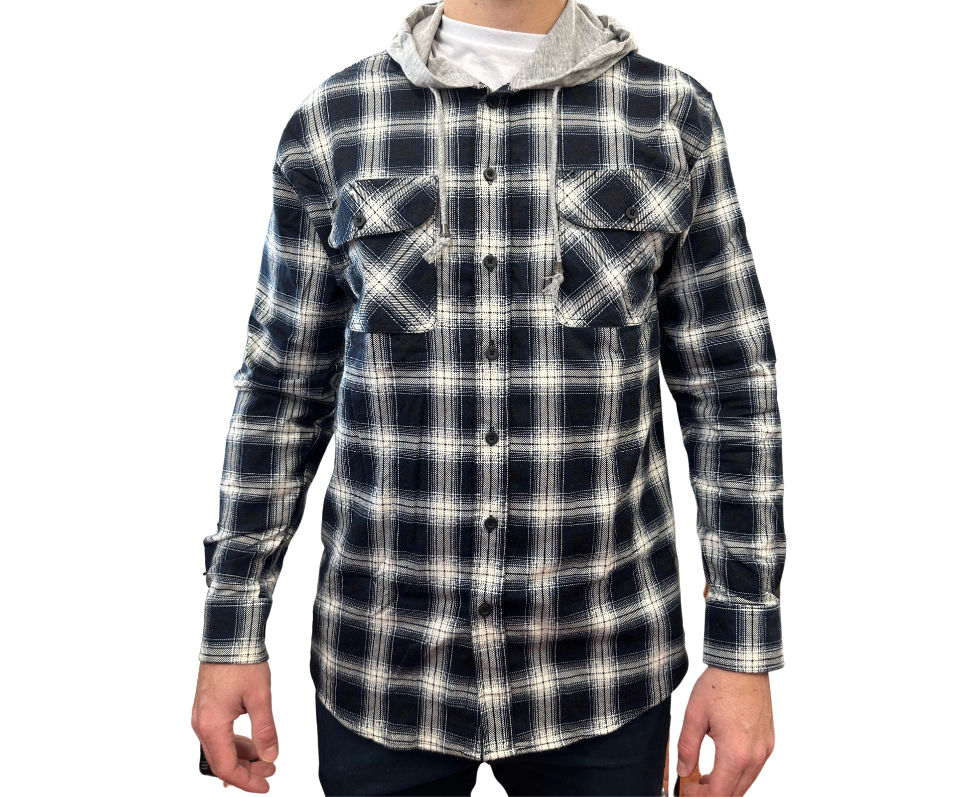 Mens Cotton Flannelette Shirt w Jersey Hood Long Sleeve Flannel - Black