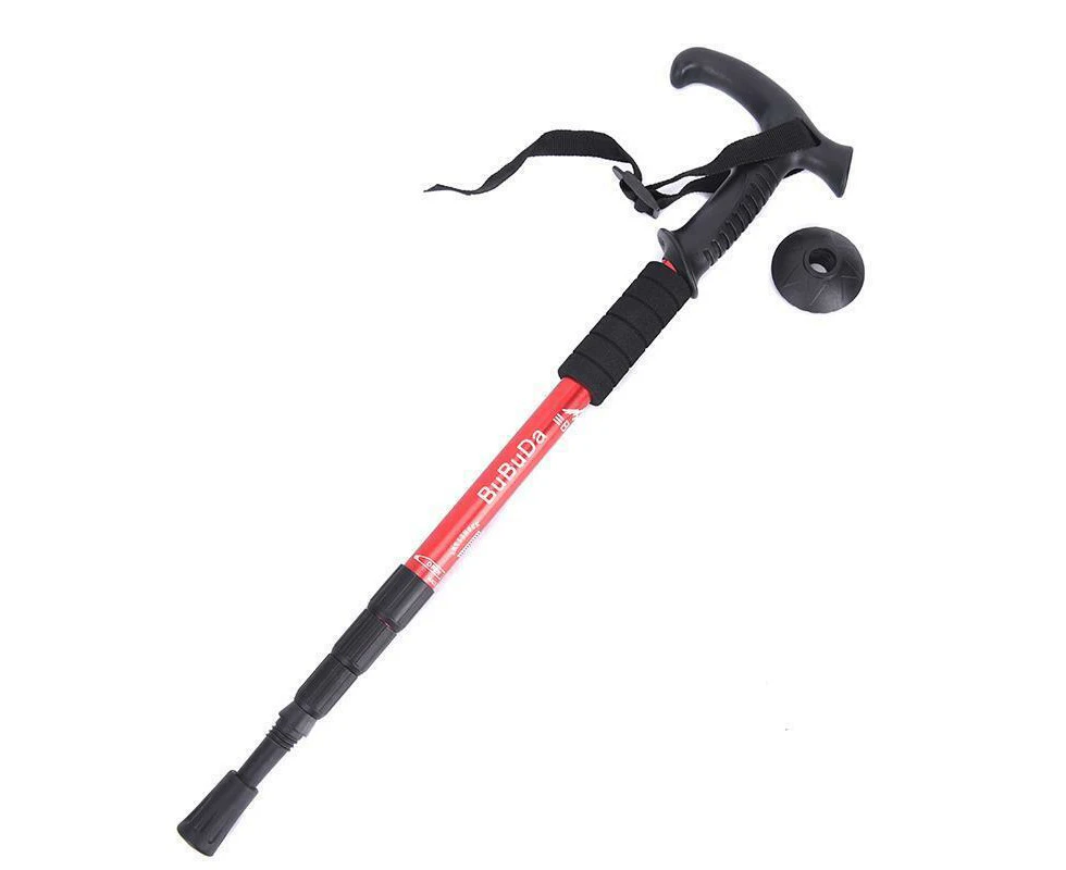 Folding Walking Stick Telescopic Adjustable Antishock Hiking Grip Pole Trekking - Red