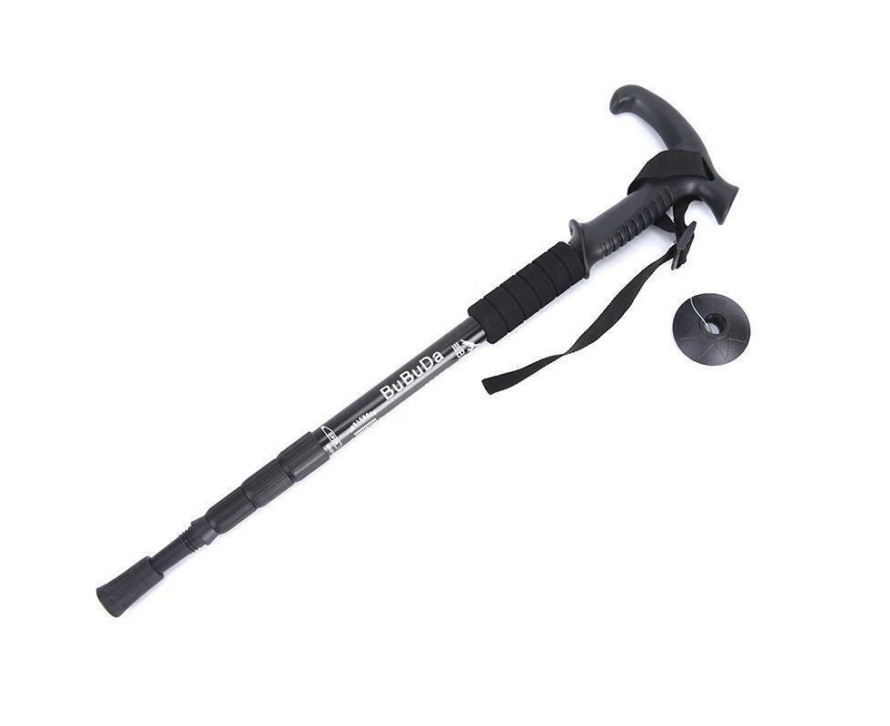 Folding Walking Stick Telescopic Adjustable Antishock Hiking Grip Pole Trekking - Black