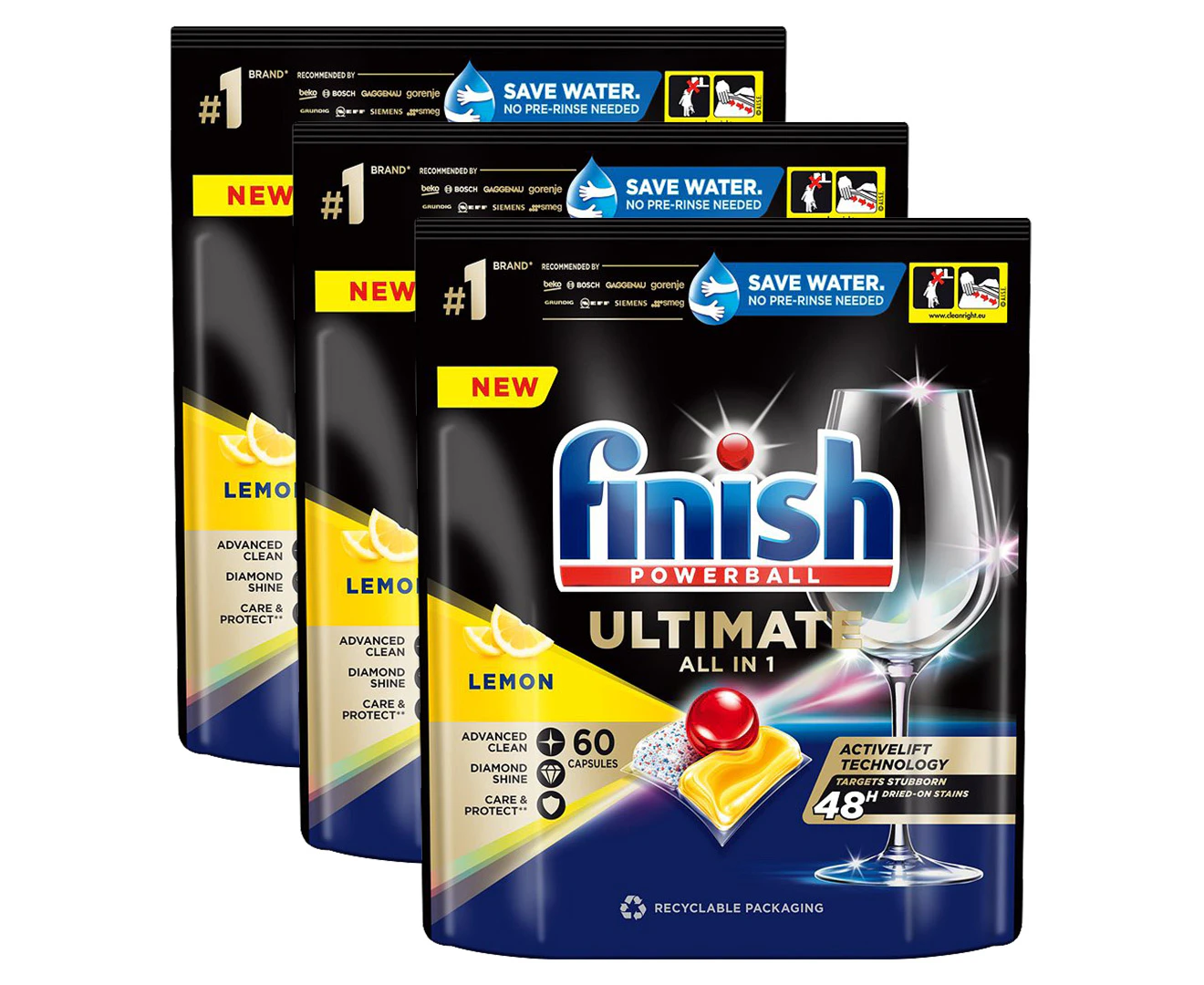 3 x 60pk Finish Powerball Ultimate All in 1 Dishwashing Caps Lemon