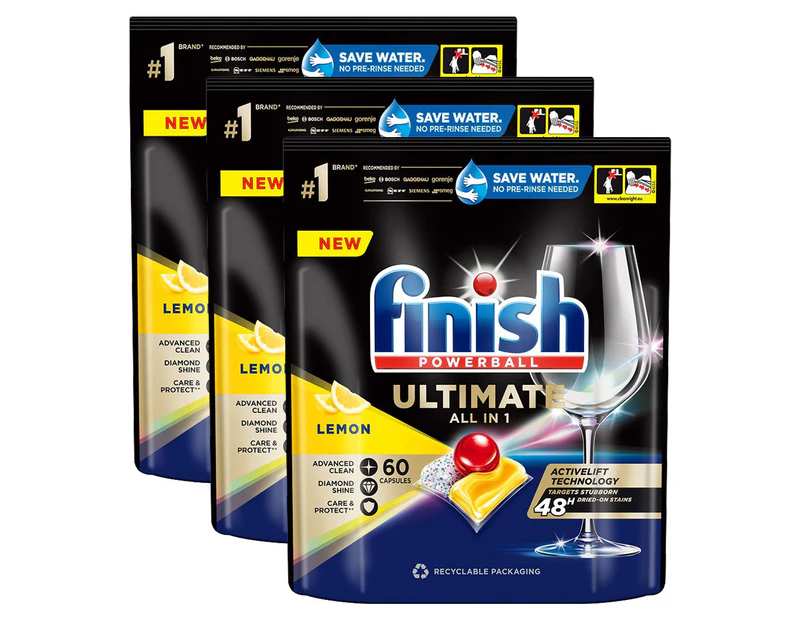 3 x 60pk Finish Powerball Ultimate All in 1 Dishwashing Caps Lemon