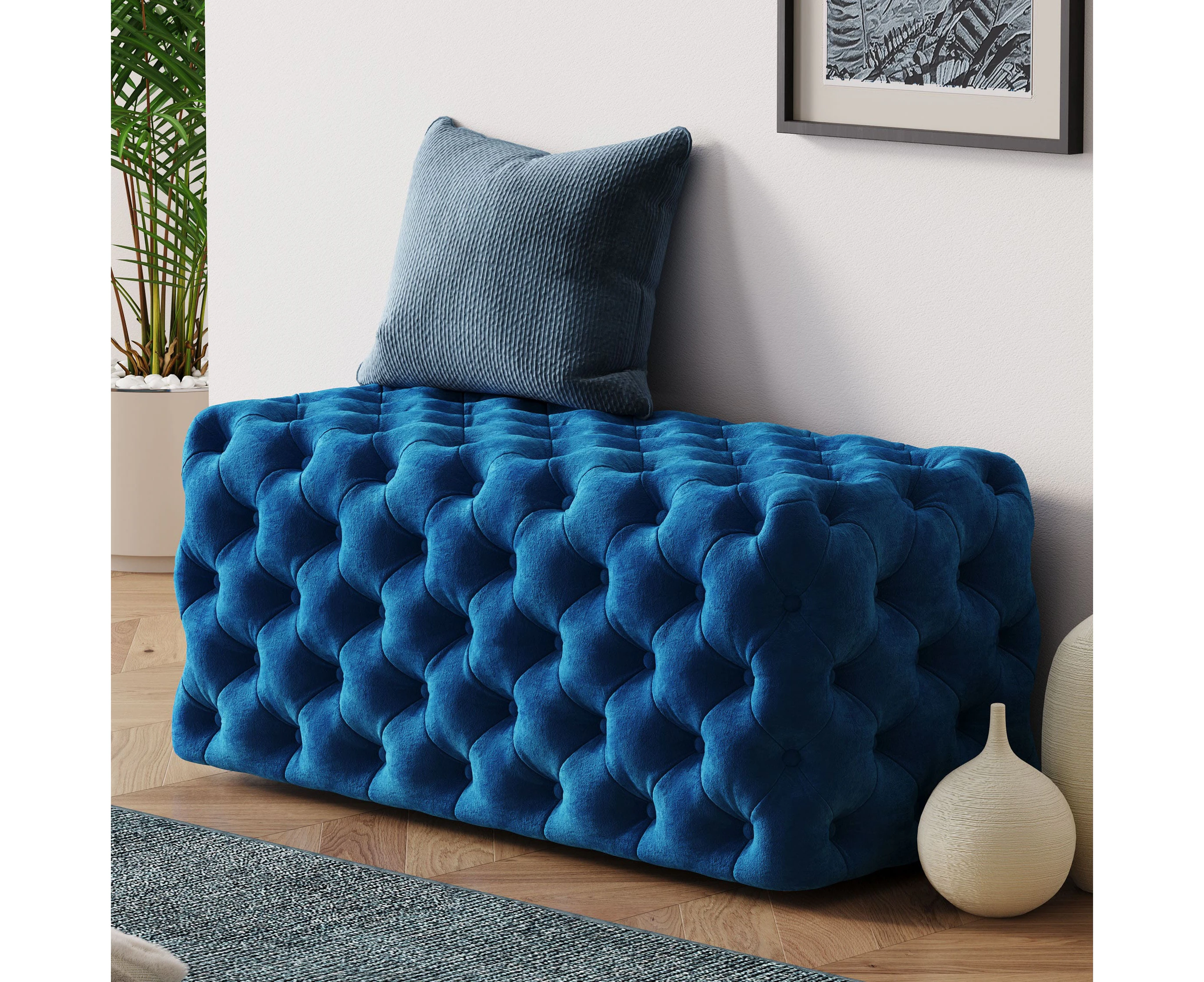 DREAMO Rectangular Navy Blue Velvet Ottoman