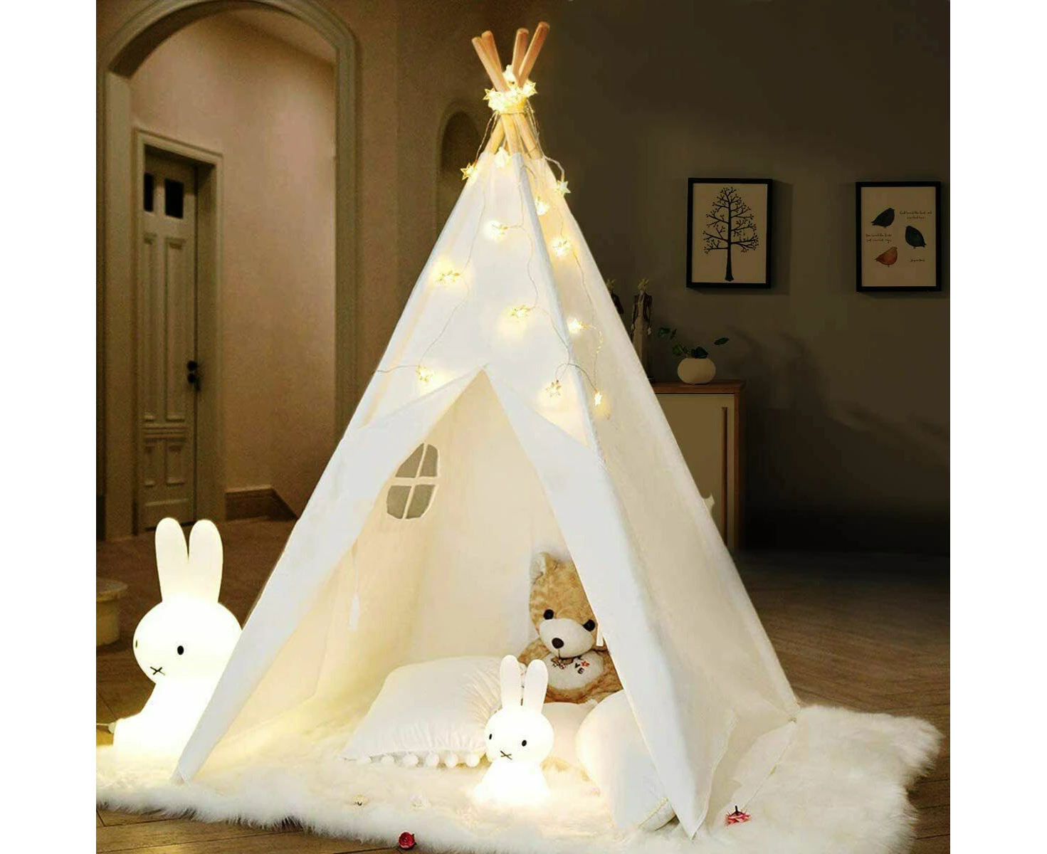 160cm Cotton Canvas Kids Teepee Tent Childrens Wigwam Indoor Play House White