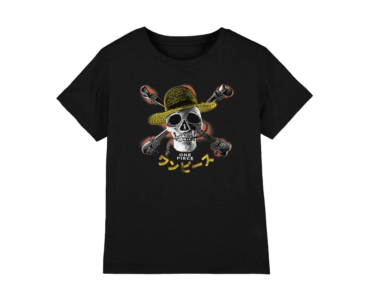 One Piece Childrens/Kids Straw Hat Jolly Roger T-Shirt (Black) - TV5069