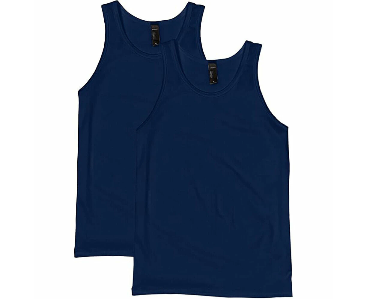 2 Pack Mens Cotton Blank Plain Basic Crew Neck Tank Top Singlet T-Shirt Bulk Classic Regular Fit - Navy Blue