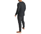 2pcs Set Mens Merino Wool Blend Long Sleeve Thermal Top & Long Johns Pants Underwear - Black