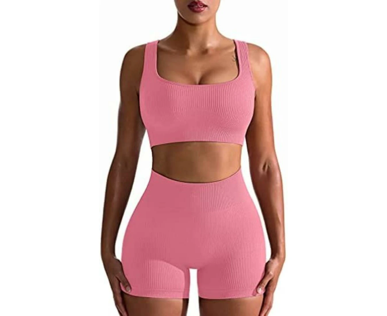 Women's Workout Outfits 2 Piece Seamless Ribbed High Waist Leggings Sport Bra Shorts Exercise Yoga Set, Pink