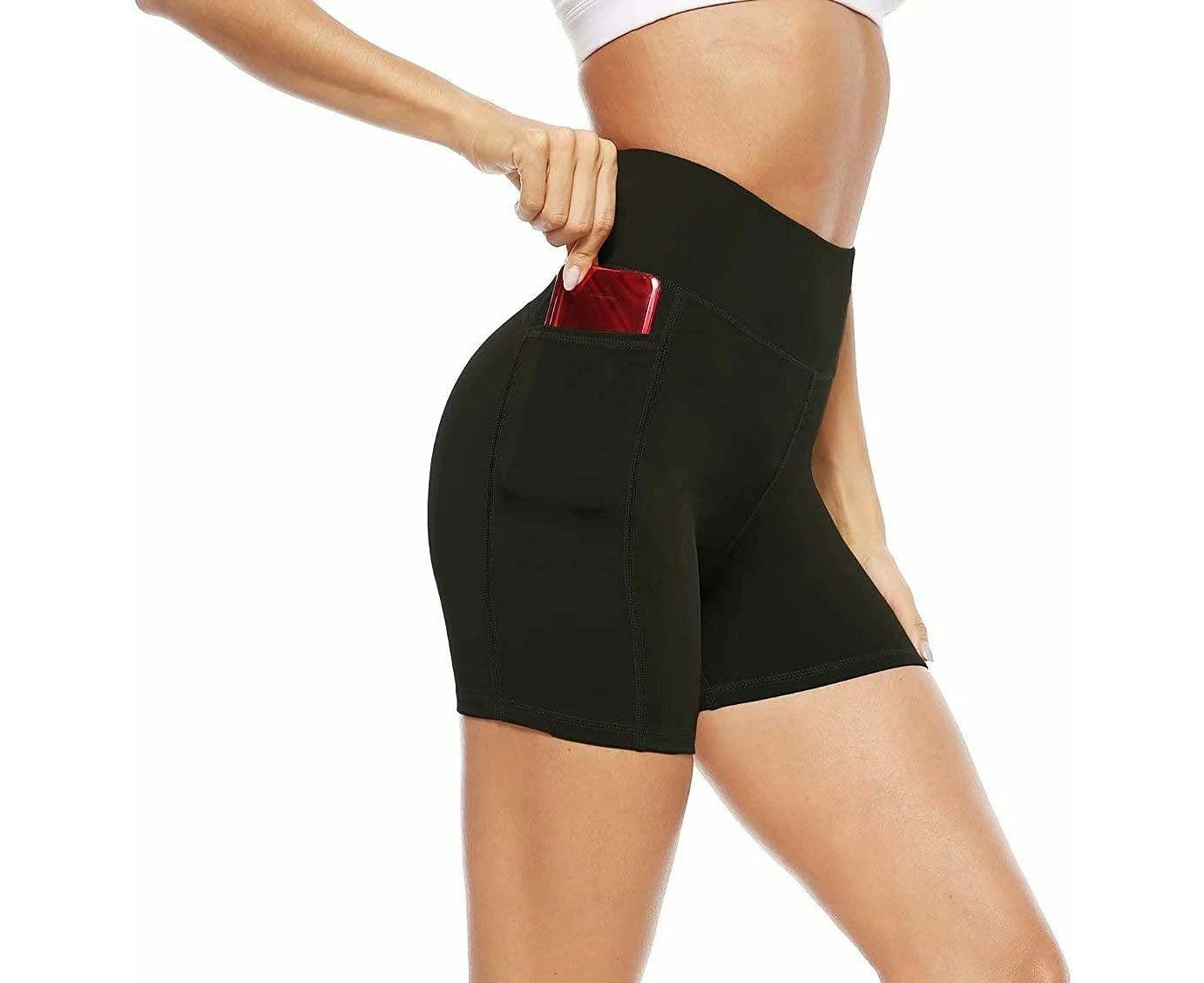 Womens Short Sports Running Trousers Butt Lift Cycling Shorts with Pockets-Black