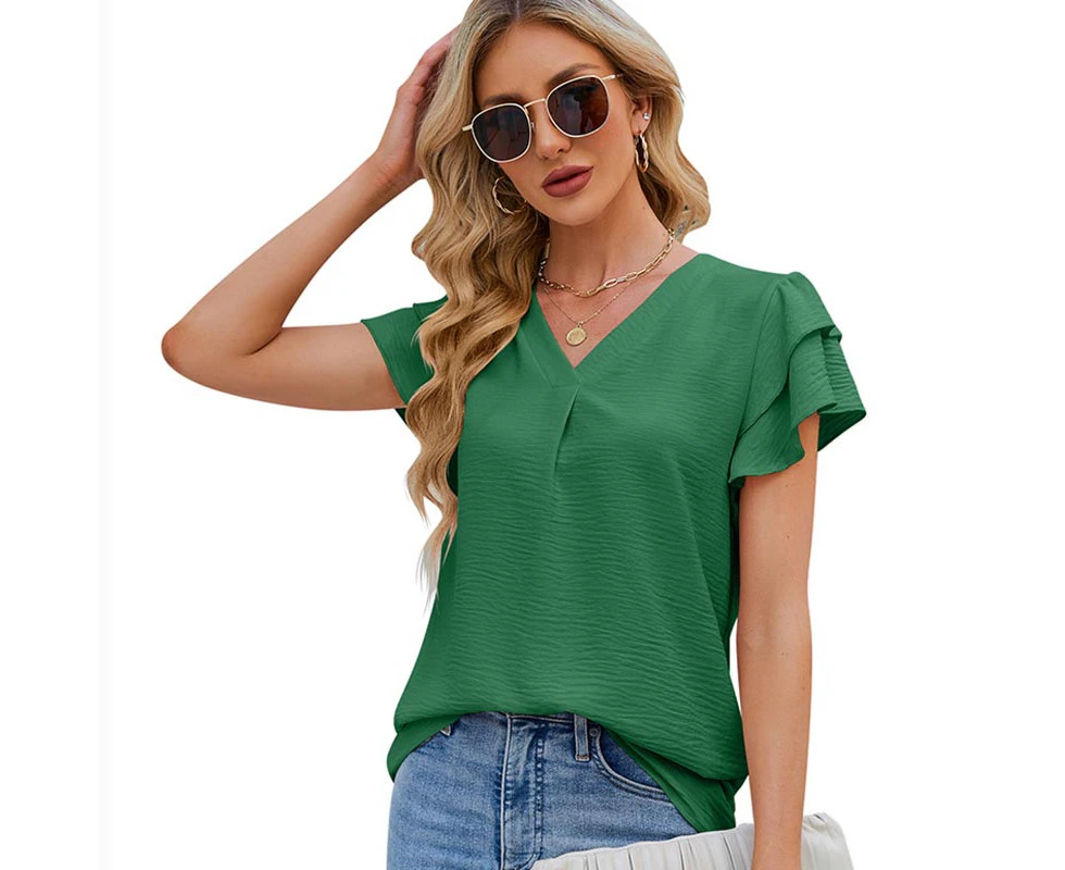 Lookbook Womens Ruffle Short Sleeve Chiffon Blouses V Neck Solid Color Casual Top-Green