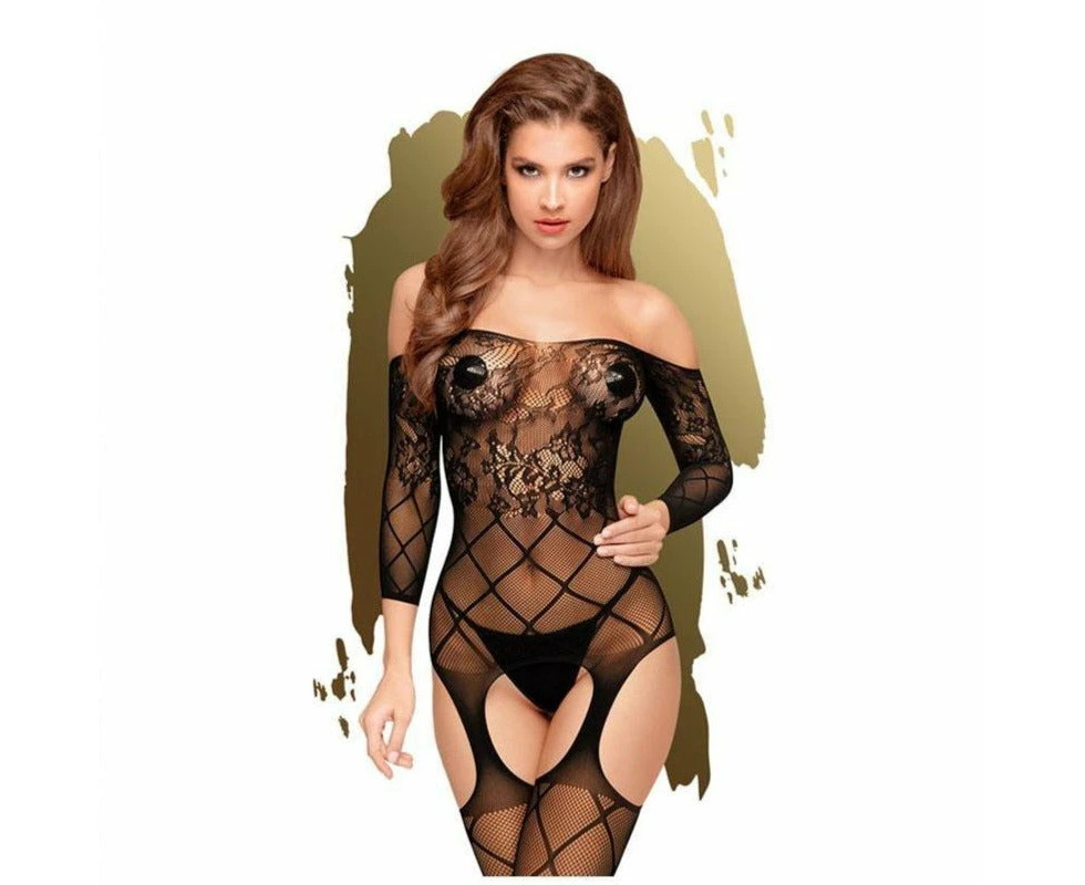 Penthouse Top-notch - Black Long Sleeved Lace  Bodystocking - S/l