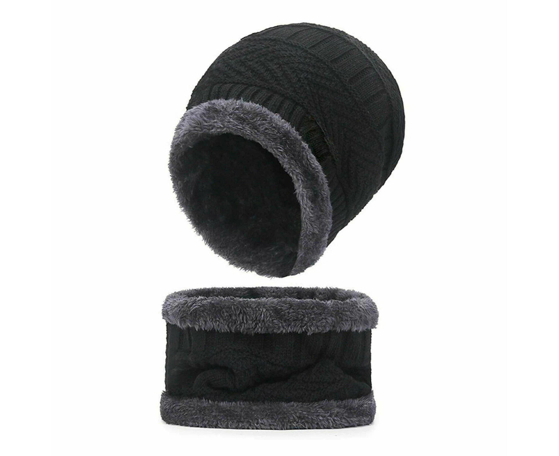 Winter Knitted Hat Chunky Beanie Fleece Men Outdoor Neck Warm Women Fur Ski - Black