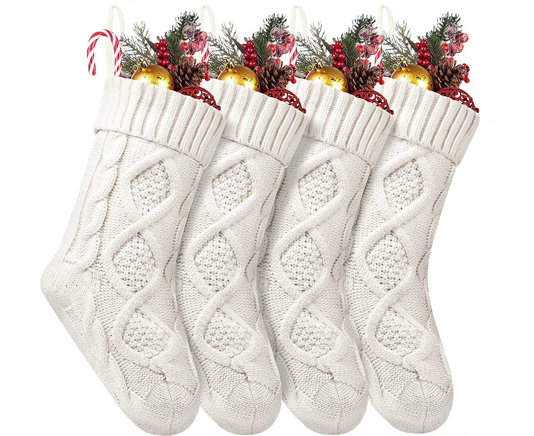 4 Pack Christmas Stockings, 14 Inches Cable Knitted Stocking Gifts & Decoration for Family Holiday Xmas Party Decor, Ivory White